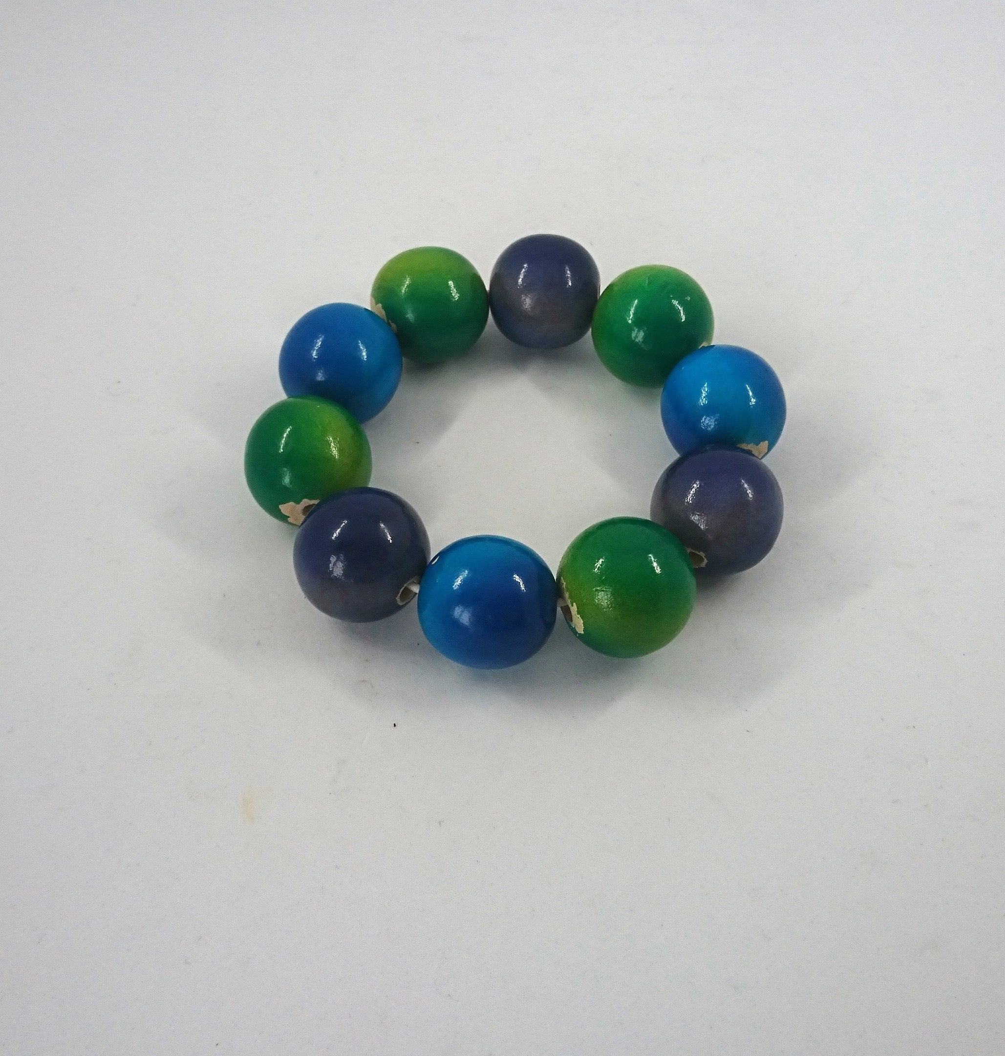 Vintage Wooden Beaded Blue, Purple and Green Bangle Stretch Bracelet Costume Jewellery Jewelry