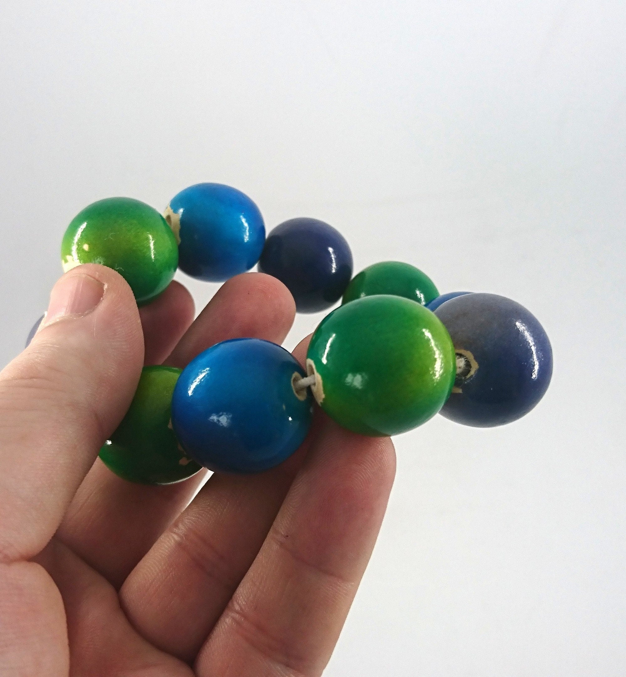 Vintage Wooden Beaded Blue, Purple and Green Bangle Stretch Bracelet Costume Jewellery Jewelry