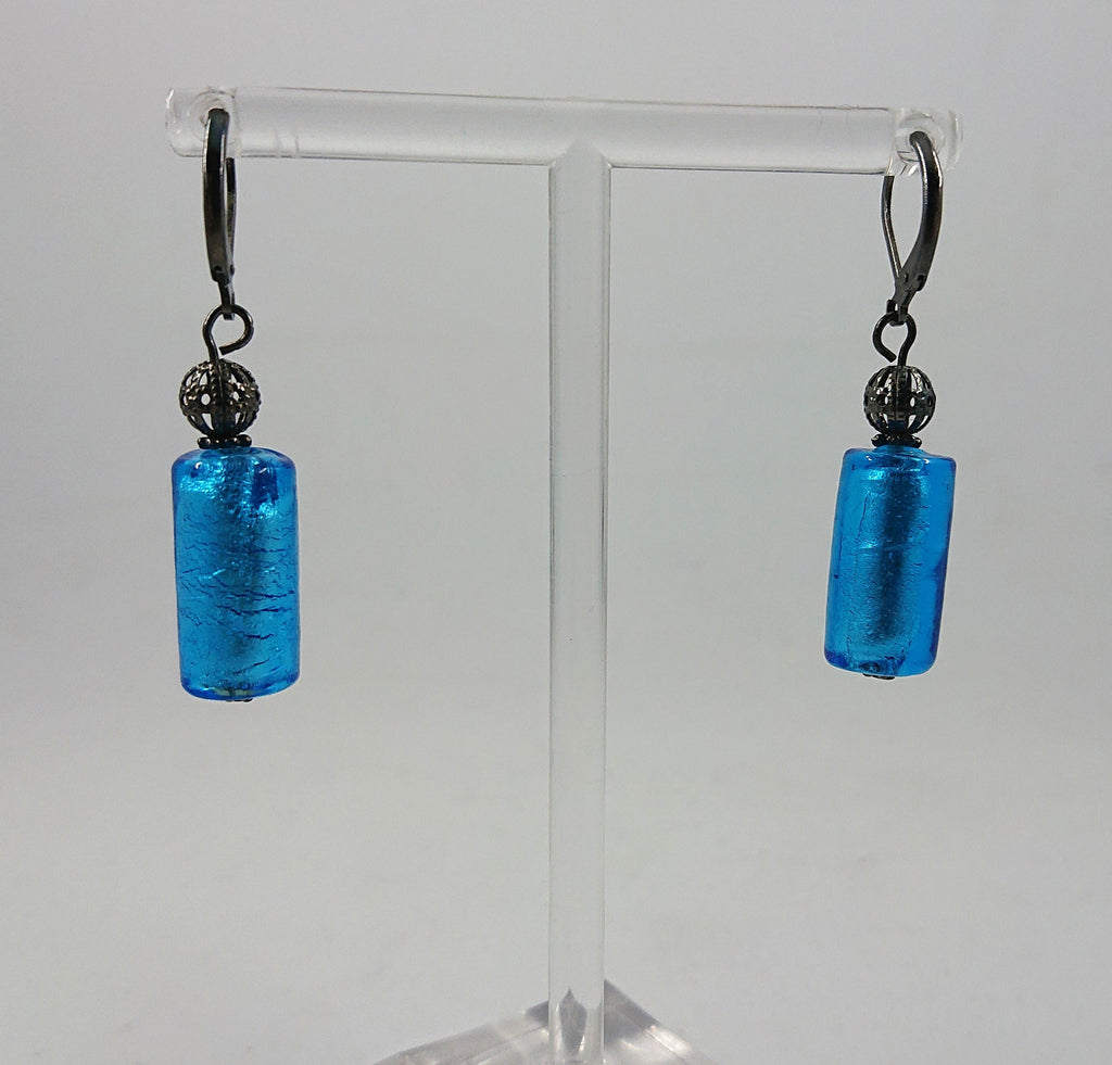 Vintage Blue Foil Glass Dangle Earrings, 1990s Costume Jewelry