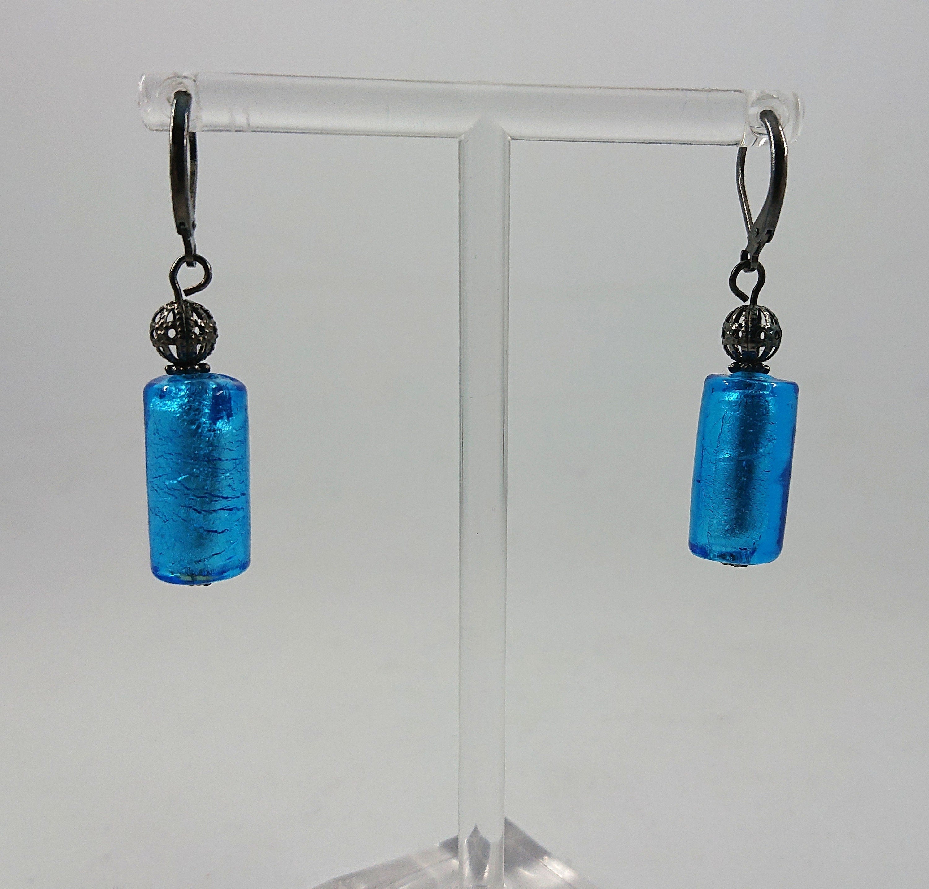 Vintage Blue Foil Glass Dangle Earrings, 1990s Costume Jewelry