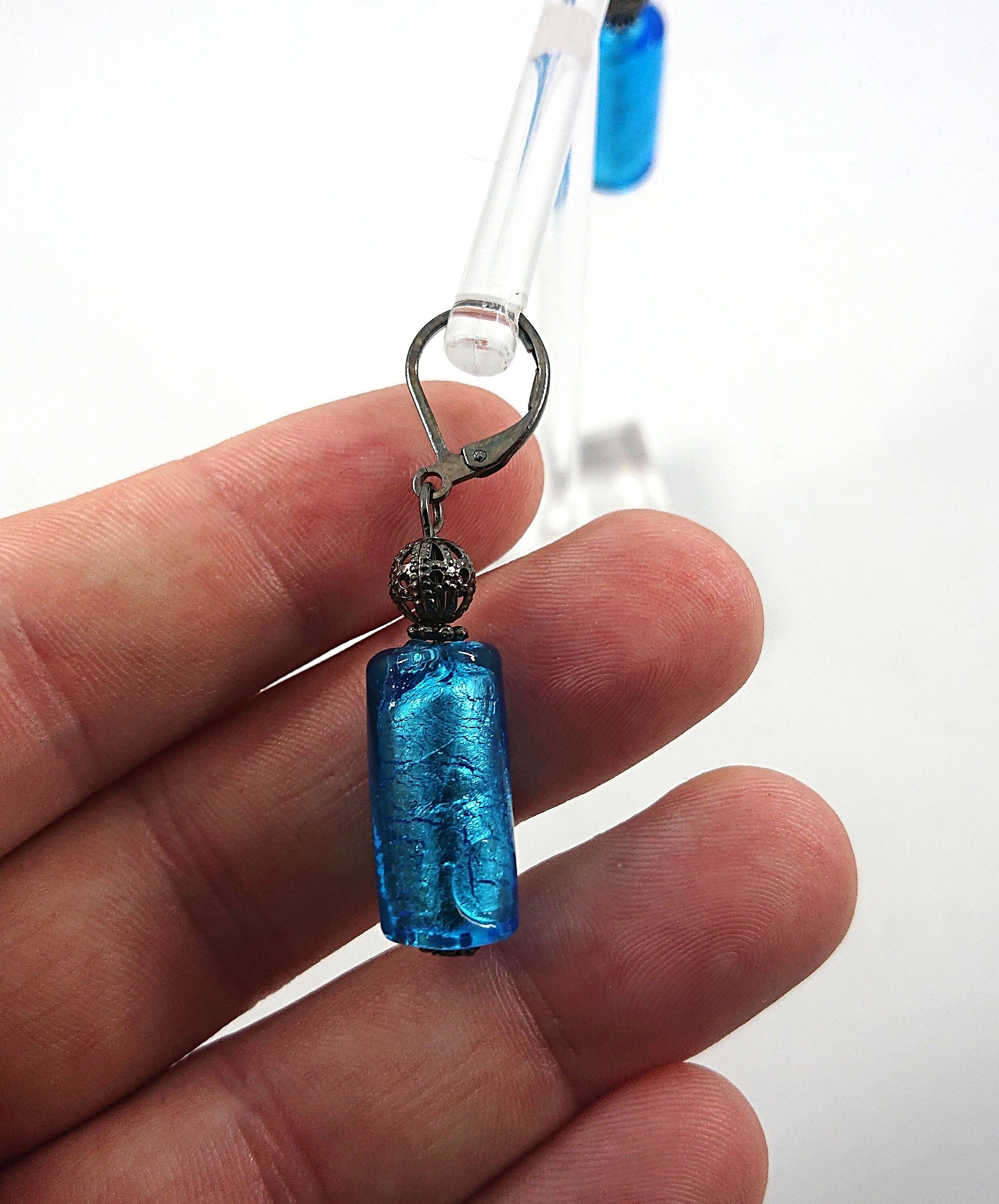Vintage Blue Foil Glass Dangle Earrings, 1990s Costume Jewelry