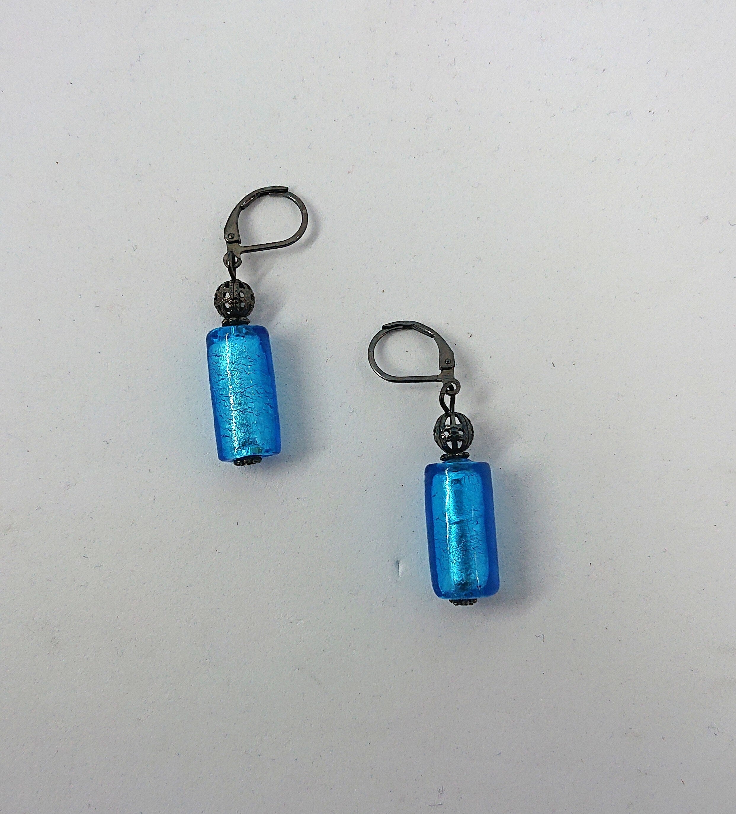 Vintage Blue Foil Glass Dangle Earrings, 1990s Costume Jewelry