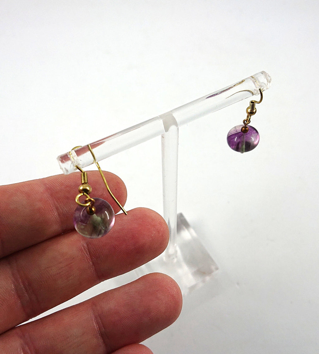 Vintage Dangle Drop Earrings Round Purple Glass Hook Clasp Costume Jewellery Jewelry