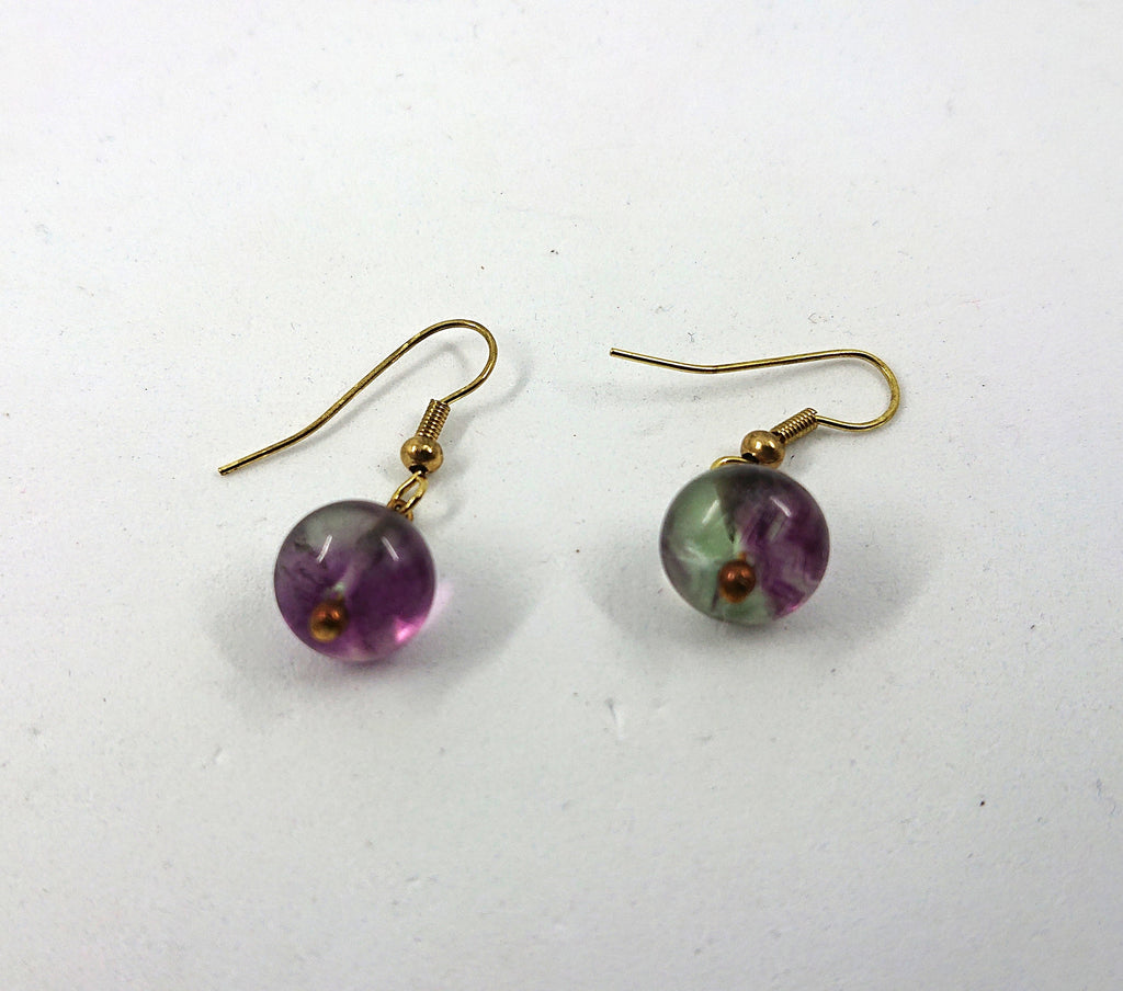 Vintage Dangle Drop Earrings Round Purple Glass Hook Clasp Costume Jewellery Jewelry