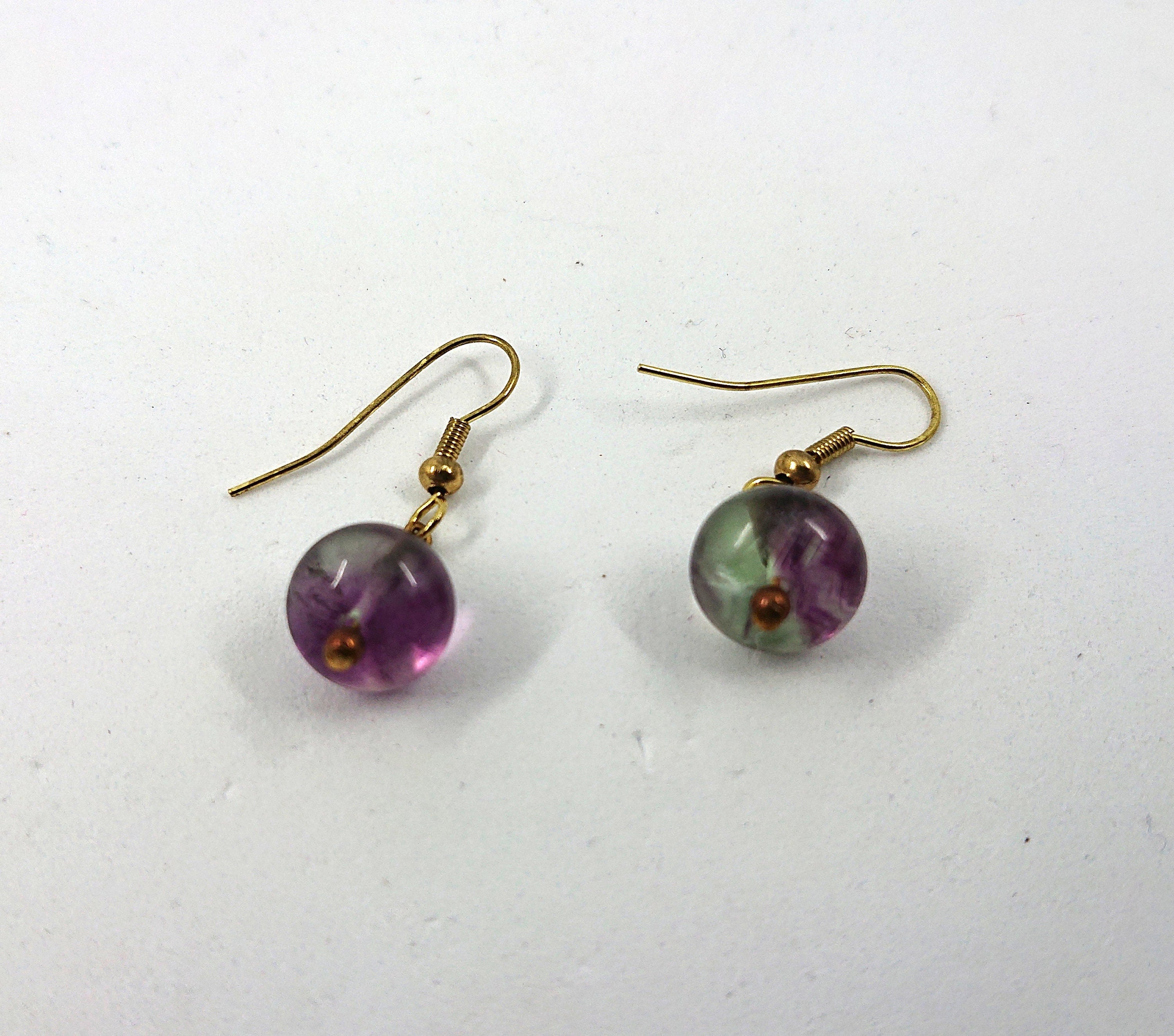 Vintage Dangle Drop Earrings Round Purple Glass Hook Clasp Costume Jewellery Jewelry