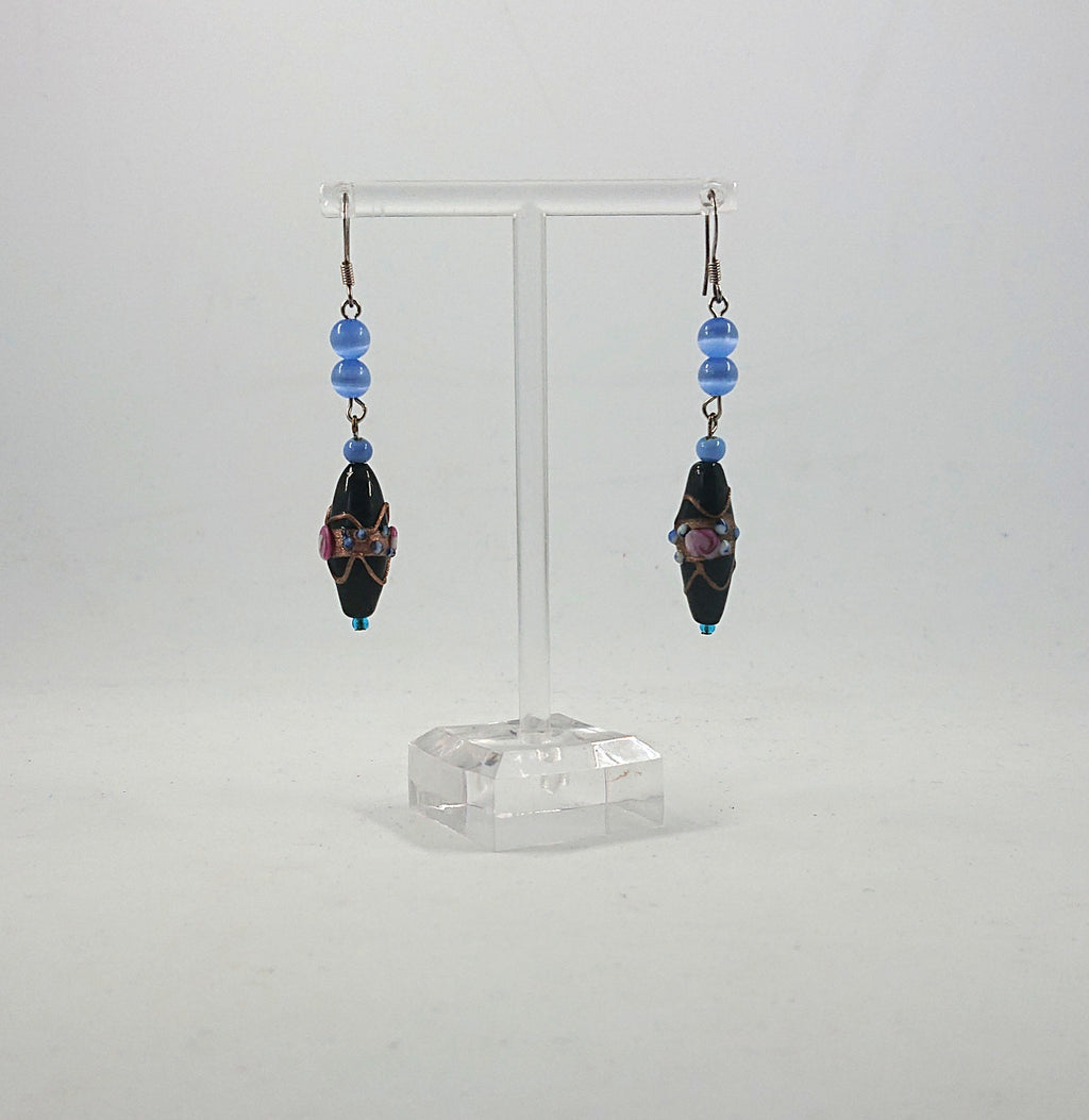 Vintage Blue Glass Dangle Earrings, Gold Tone Costume Jewelry