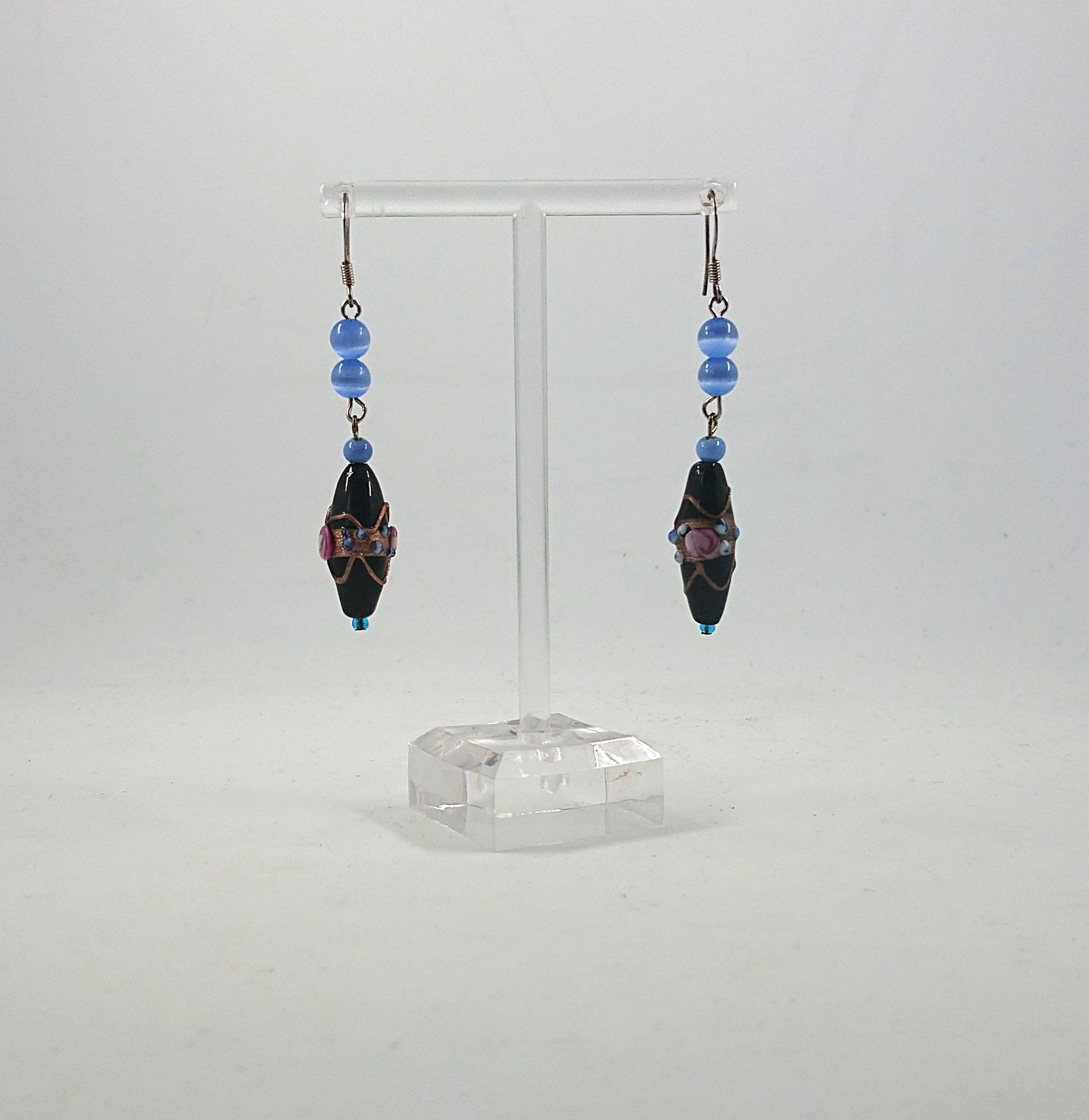 Vintage Blue Glass Dangle Earrings, Gold Tone Costume Jewelry