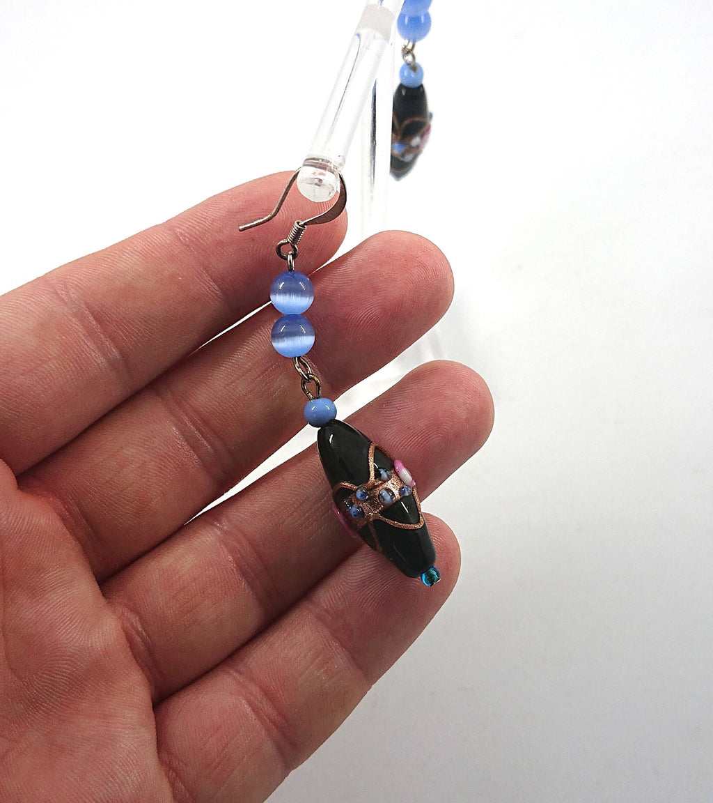 Vintage Blue Glass Dangle Earrings, Gold Tone Costume Jewelry