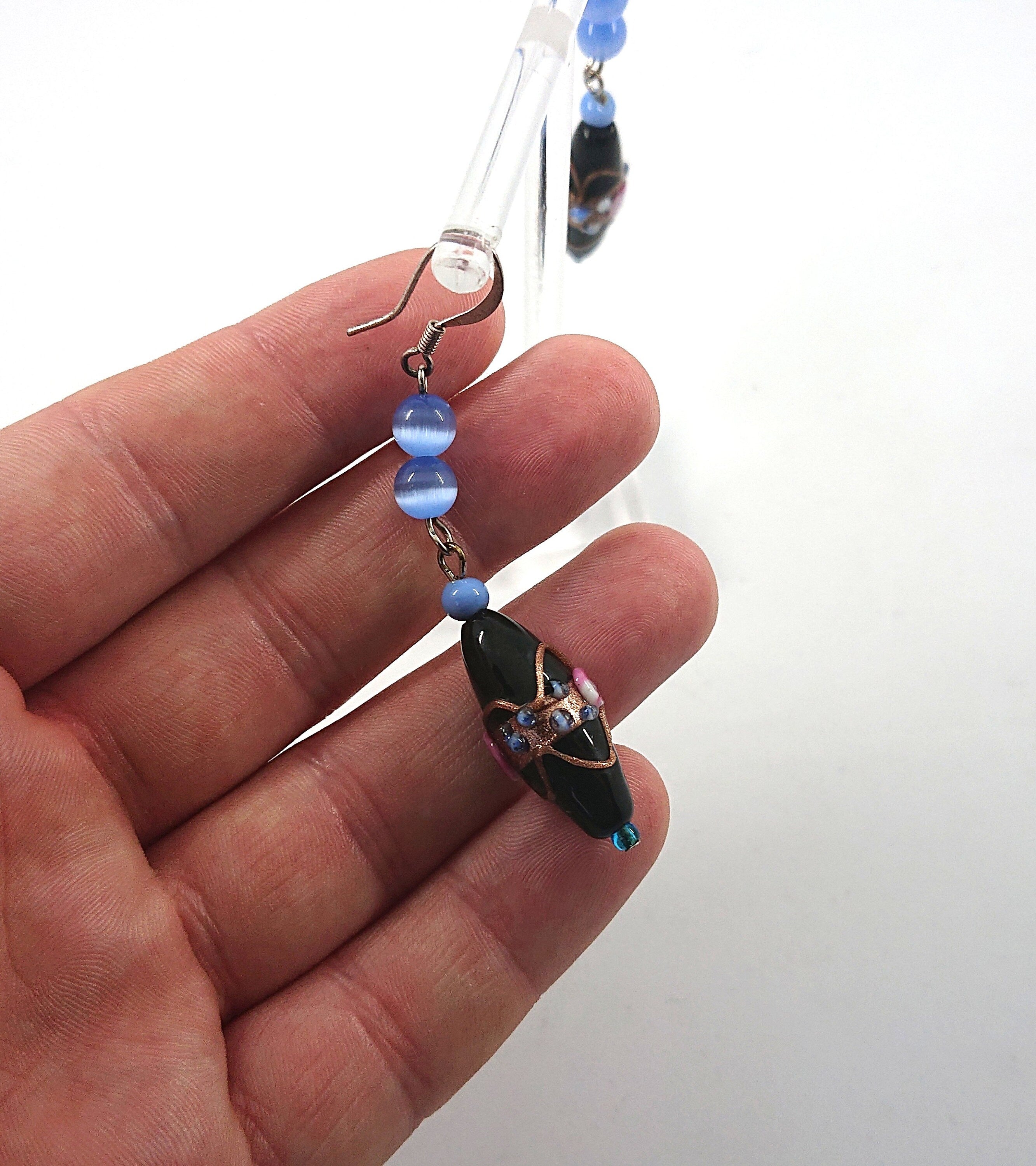 Vintage Blue Glass Dangle Earrings, Gold Tone Costume Jewelry