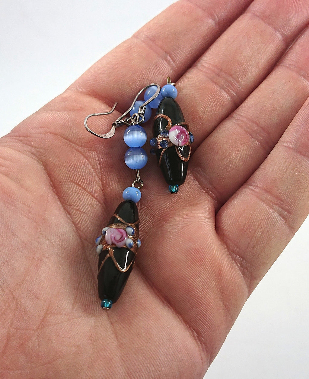 Vintage Blue Glass Dangle Earrings, Gold Tone Costume Jewelry