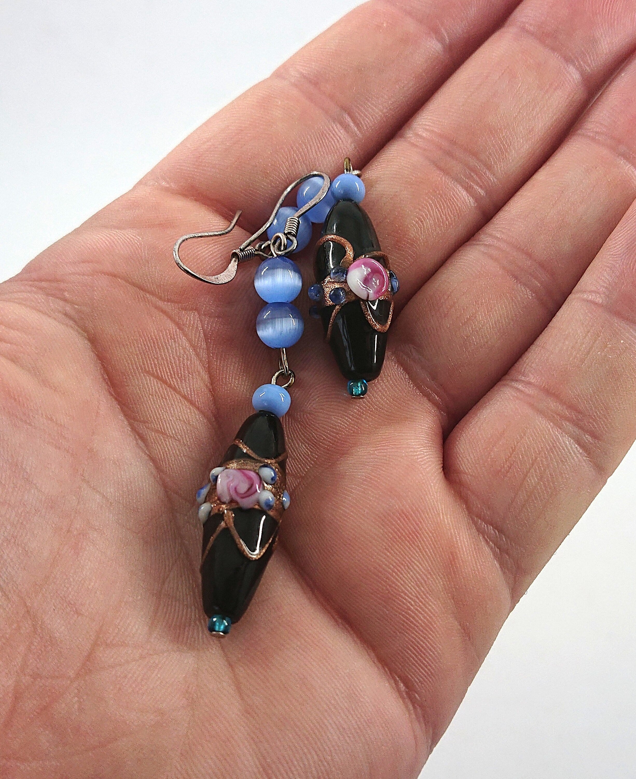 Vintage Blue Glass Dangle Earrings, Gold Tone Costume Jewelry