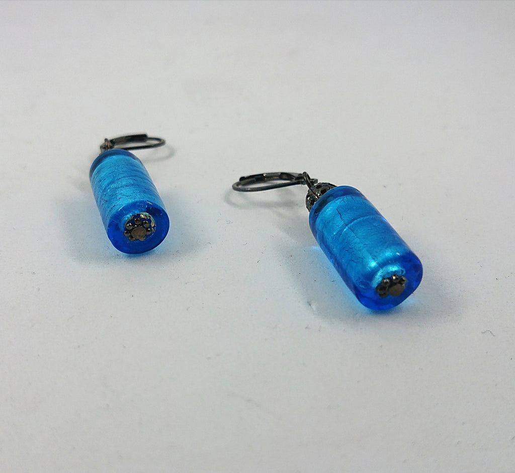 Vintage Blue Foil Glass Dangle Earrings, 1990s Costume Jewelry