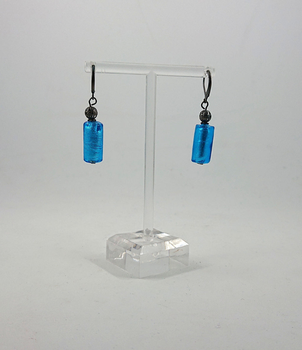 Vintage Blue Foil Glass Dangle Earrings, 1990s Costume Jewelry