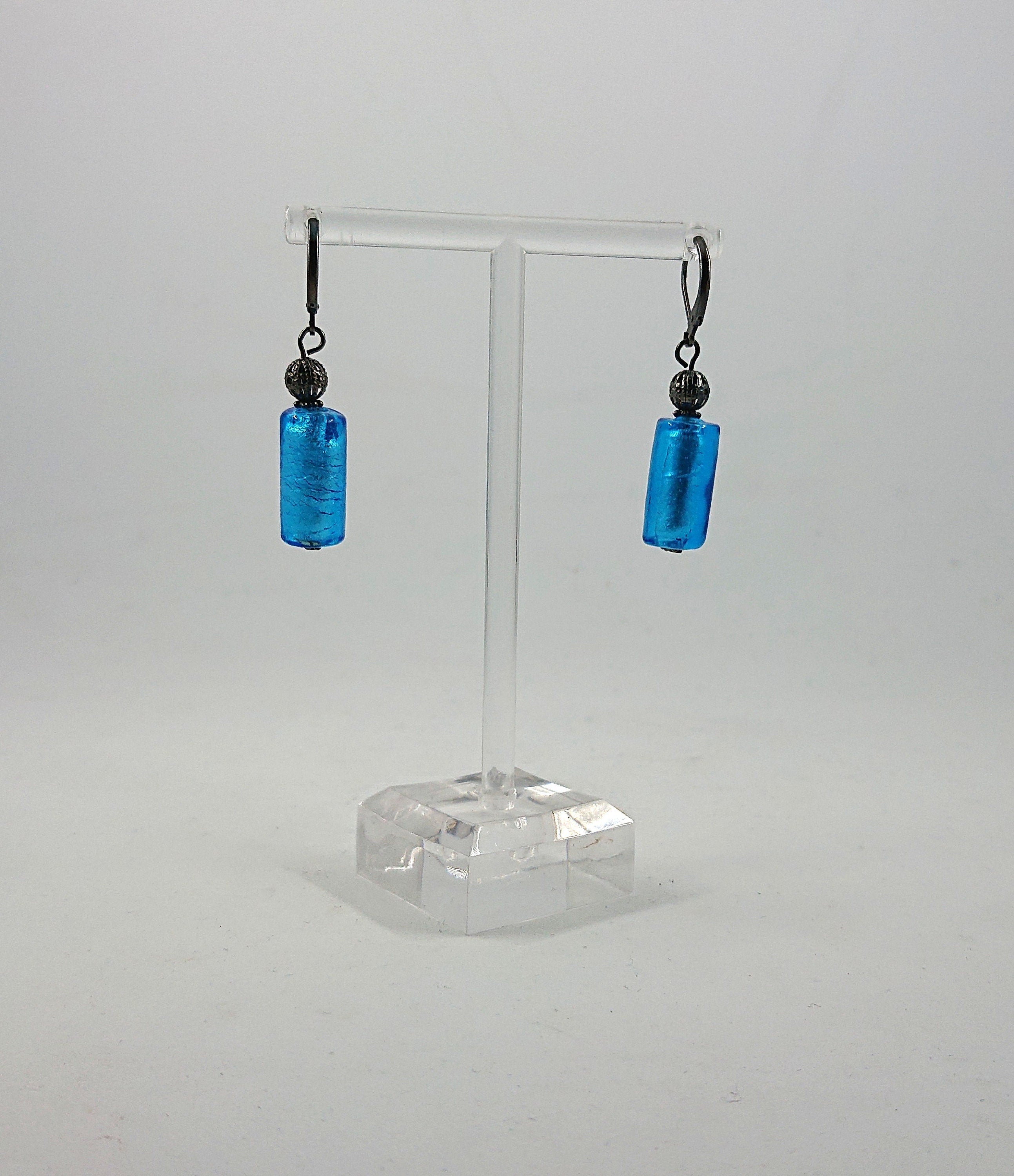 Vintage Blue Foil Glass Dangle Earrings, 1990s Costume Jewelry