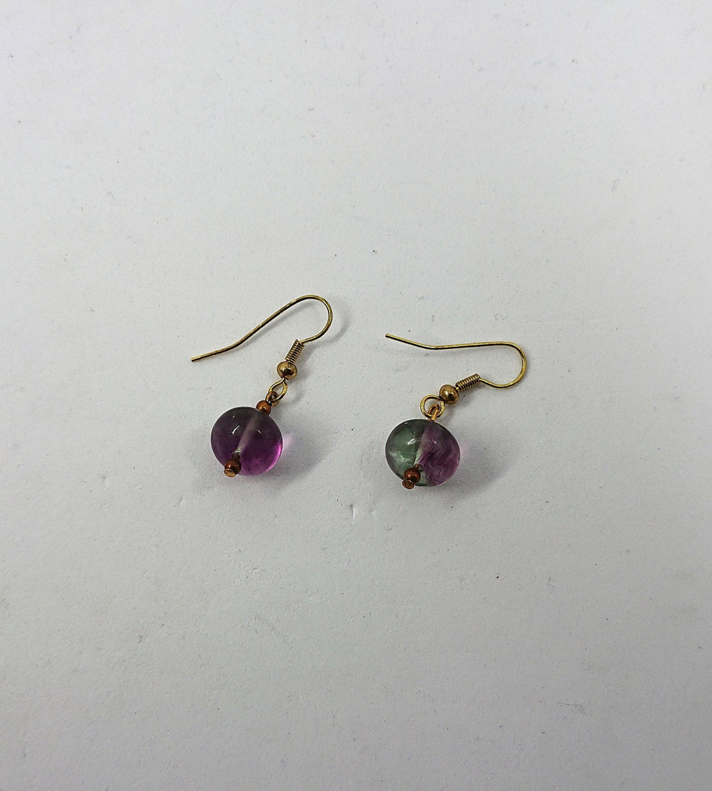 Vintage Dangle Drop Earrings Round Purple Glass Hook Clasp Costume Jewellery Jewelry