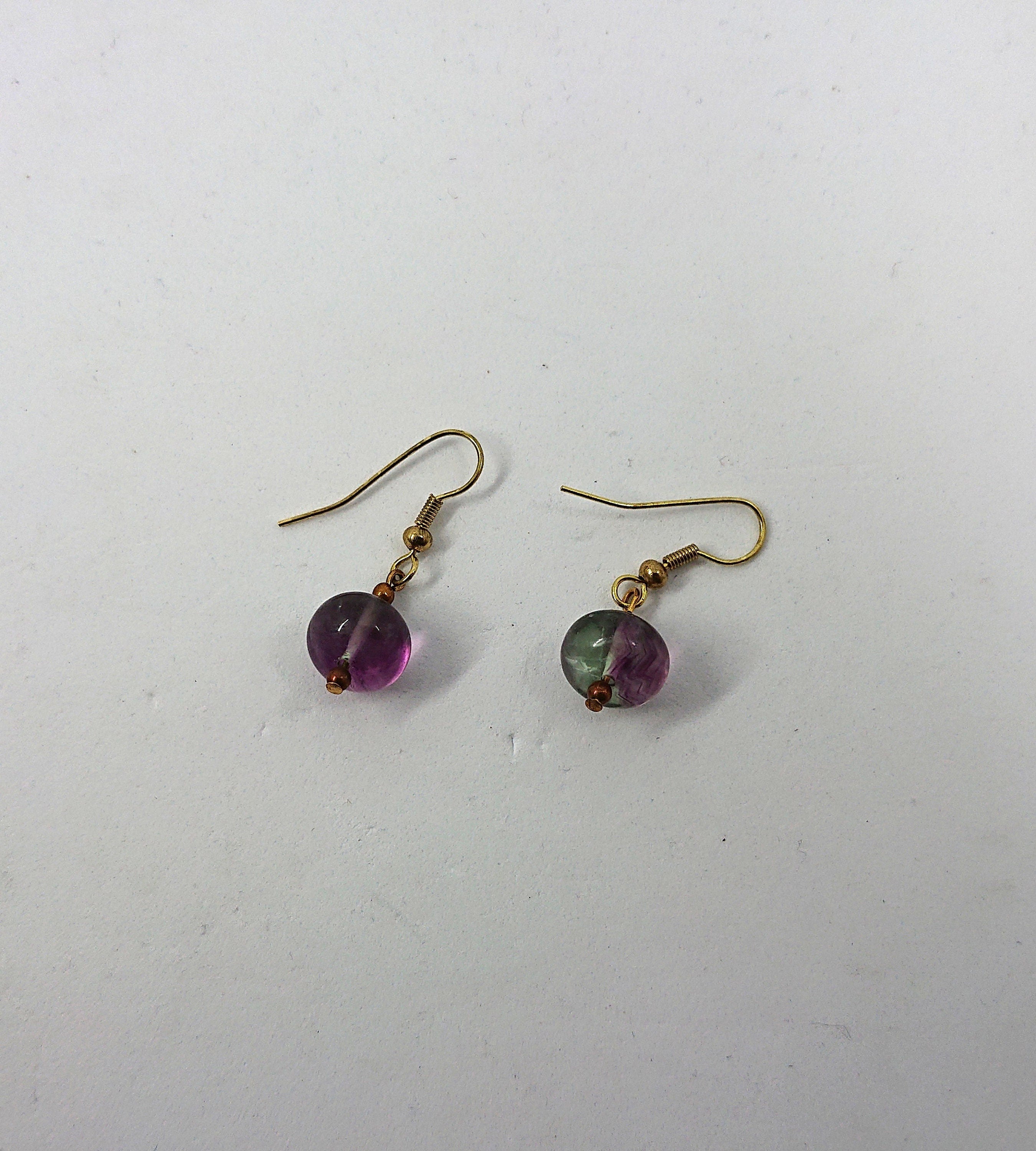 Vintage Dangle Drop Earrings Round Purple Glass Hook Clasp Costume Jewellery Jewelry