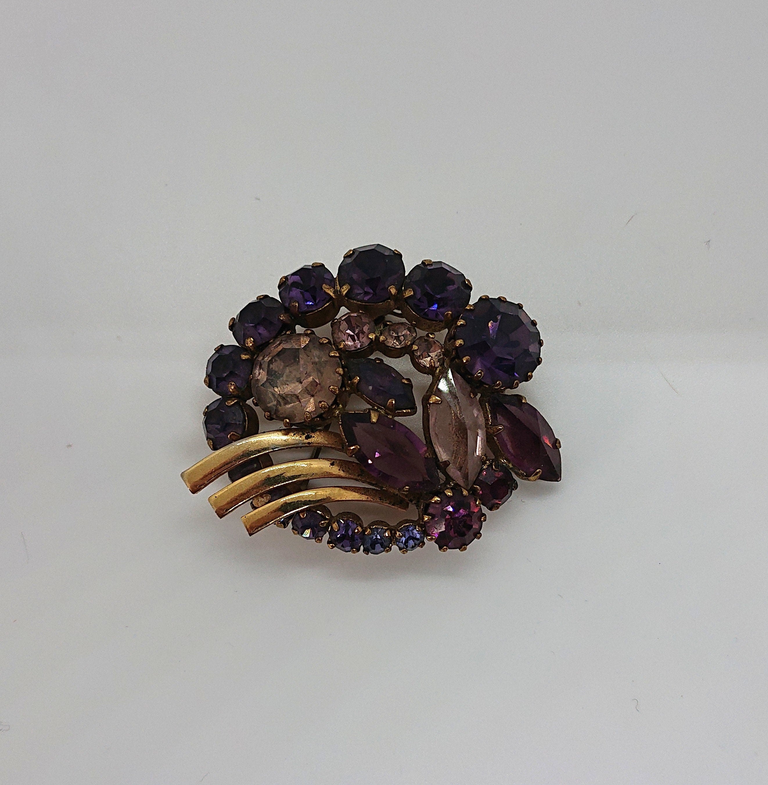 Vintage Mid Century Diamante Brooch, Faux Amethyst & Rose Quartz