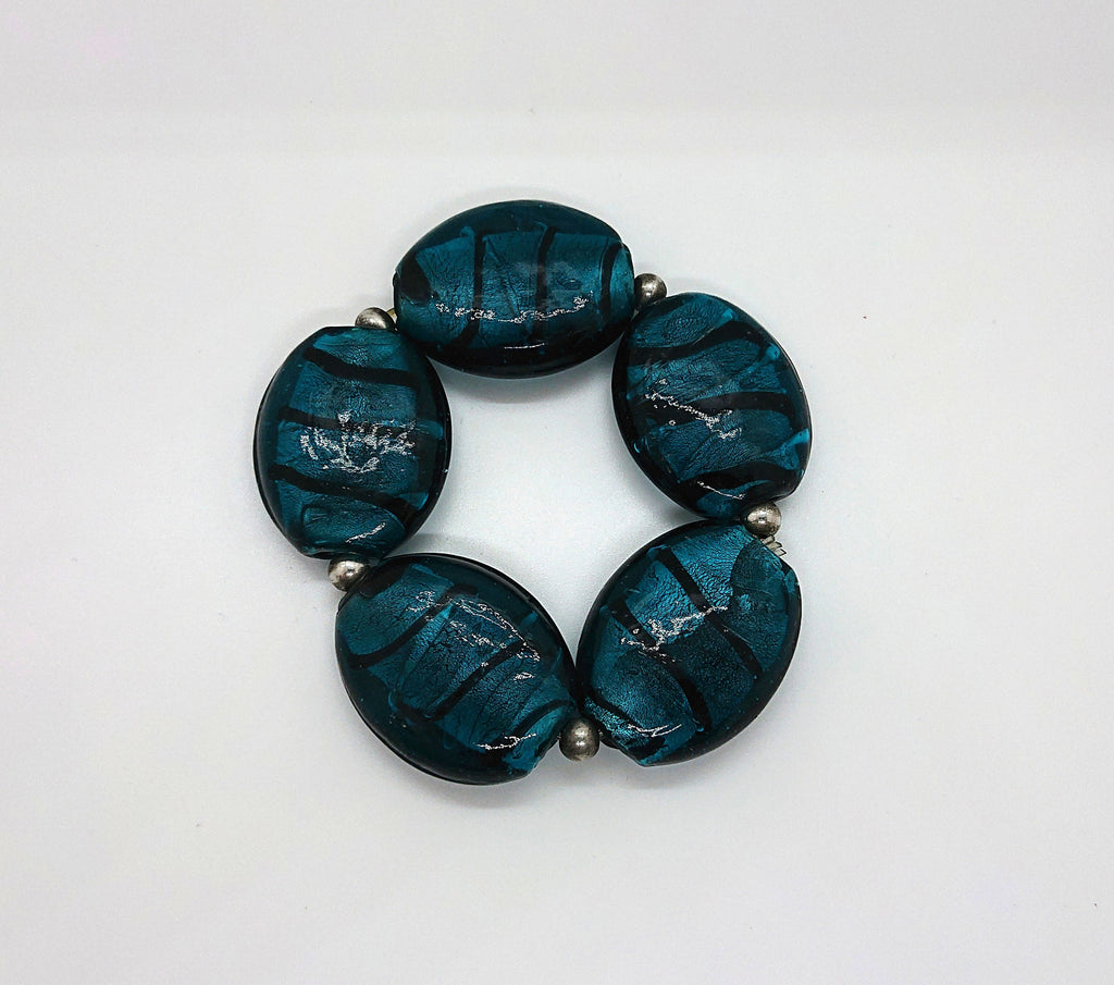 Vintage Glass Beaded Bangle Foil Glass Turquoise Green Costume Jewellery Jewelry