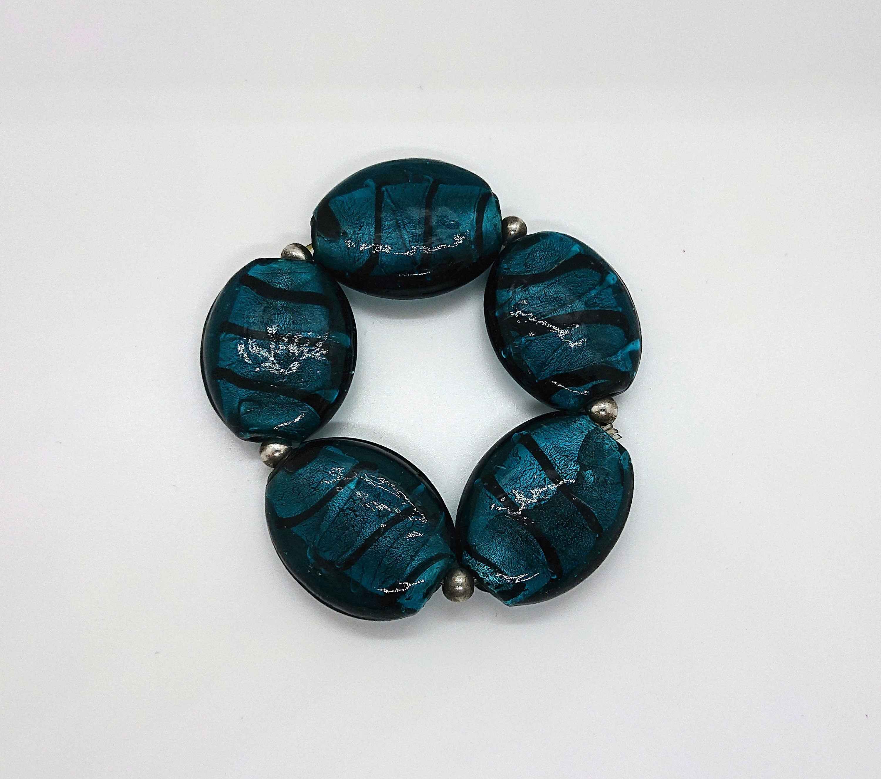 Vintage Glass Beaded Bangle Foil Glass Turquoise Green Costume Jewellery Jewelry