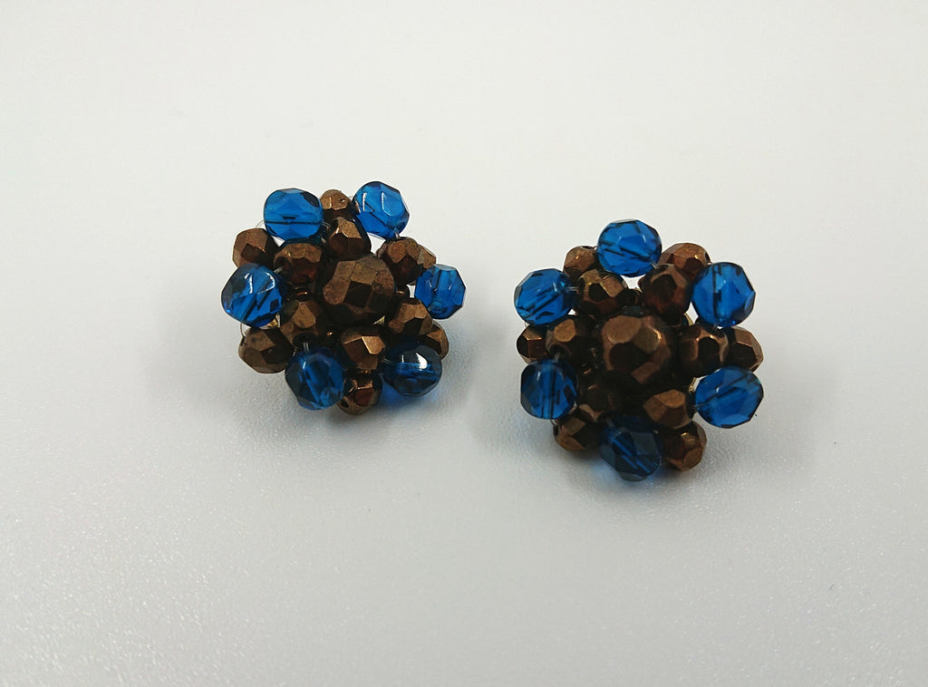 Vintage Cluster Clip On Earrings Glass Rhinestone Costume Jewellery Jewelry Blue and Brown