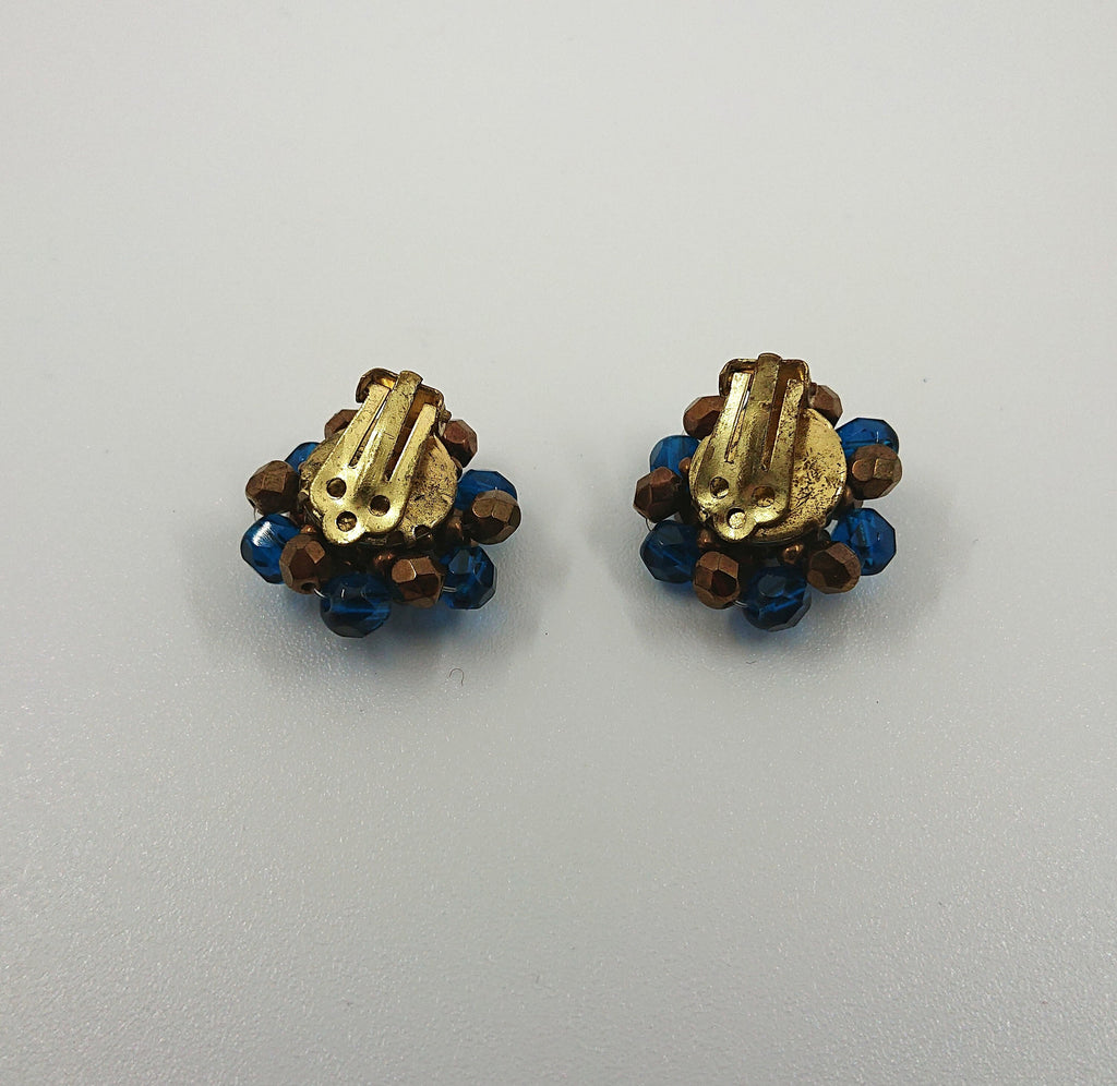 Vintage Cluster Clip On Earrings Glass Rhinestone Costume Jewellery Jewelry Blue and Brown