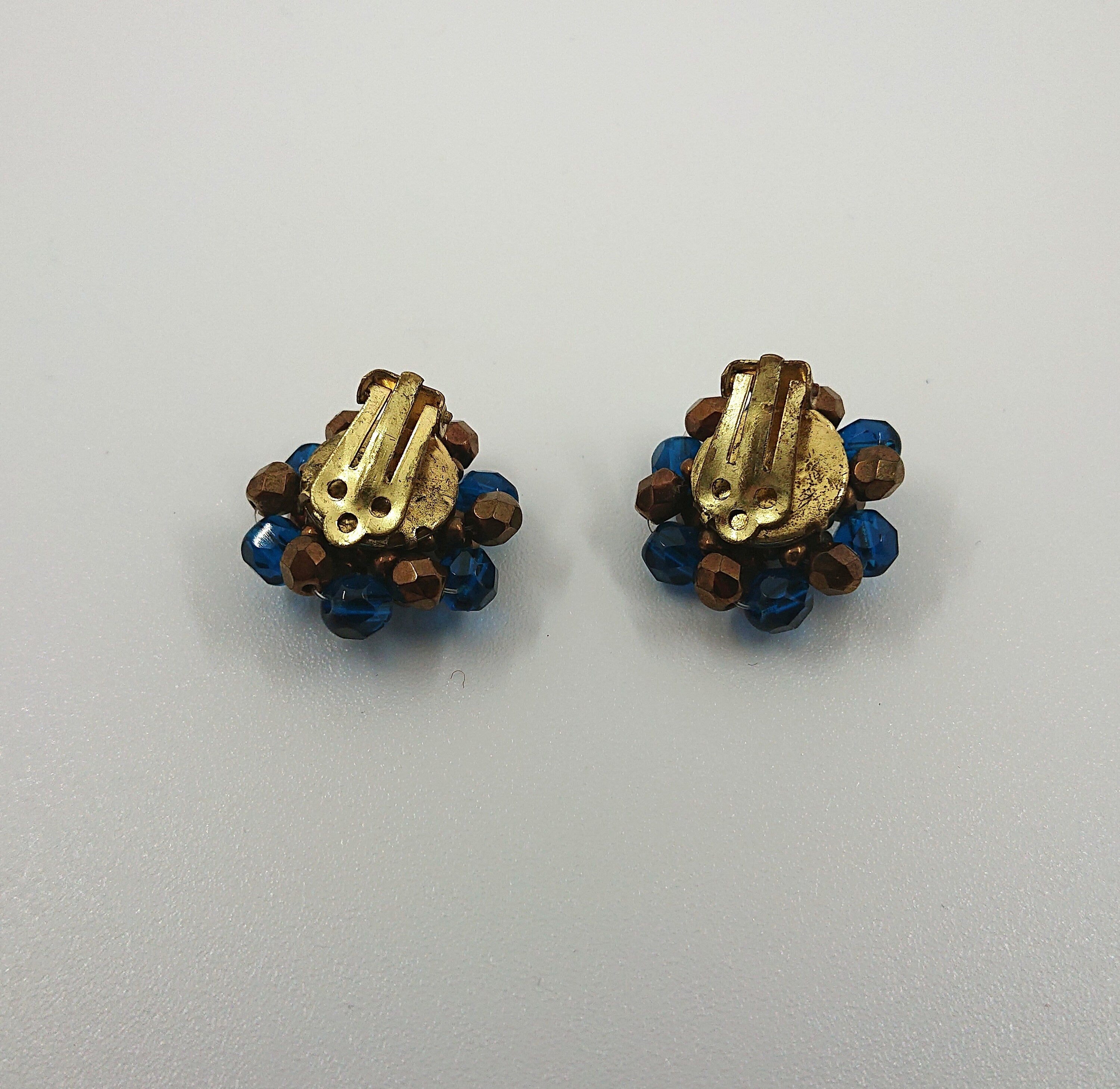 Vintage Cluster Clip On Earrings Glass Rhinestone Costume Jewellery Jewelry Blue and Brown