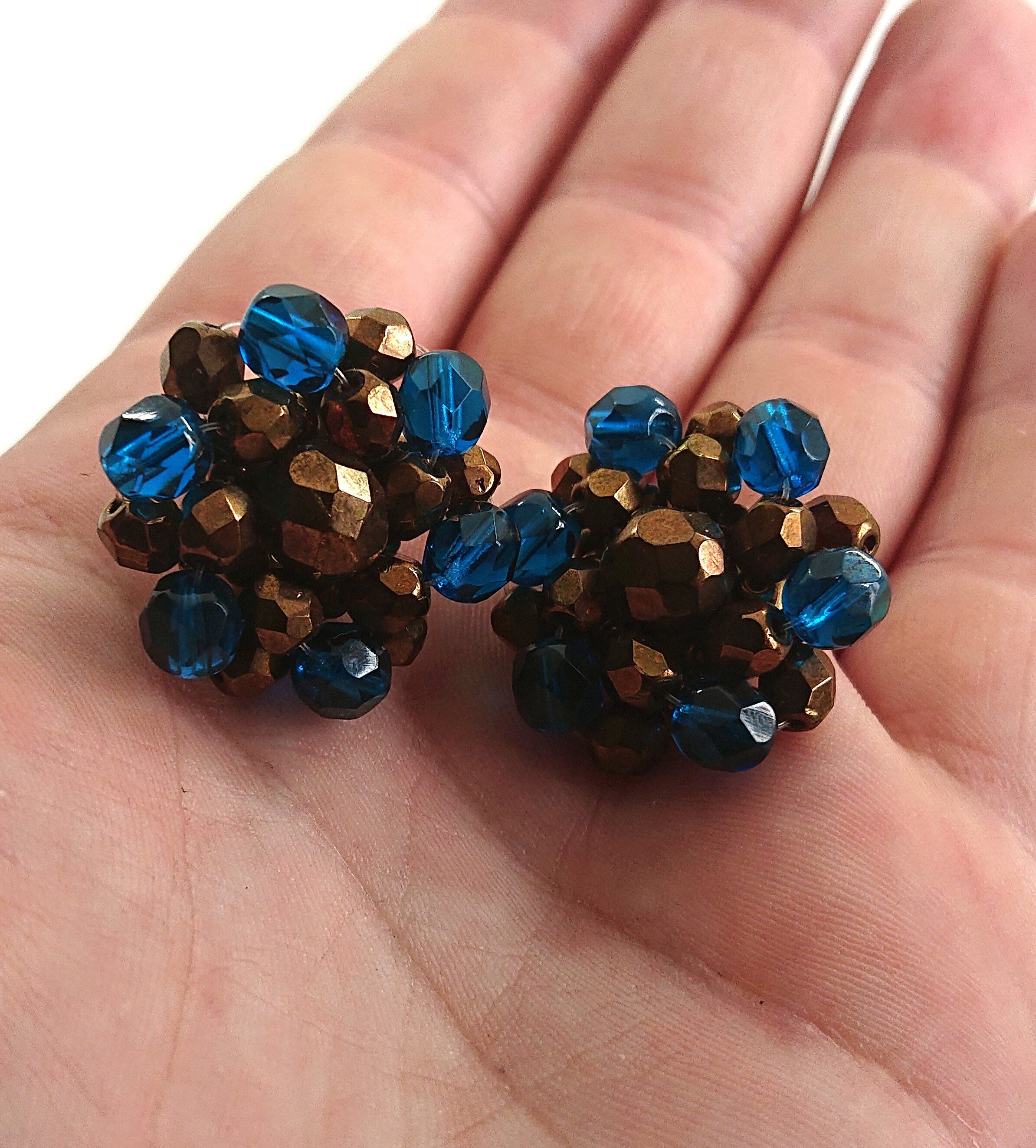 Vintage Cluster Clip On Earrings Glass Rhinestone Costume Jewellery Jewelry Blue and Brown