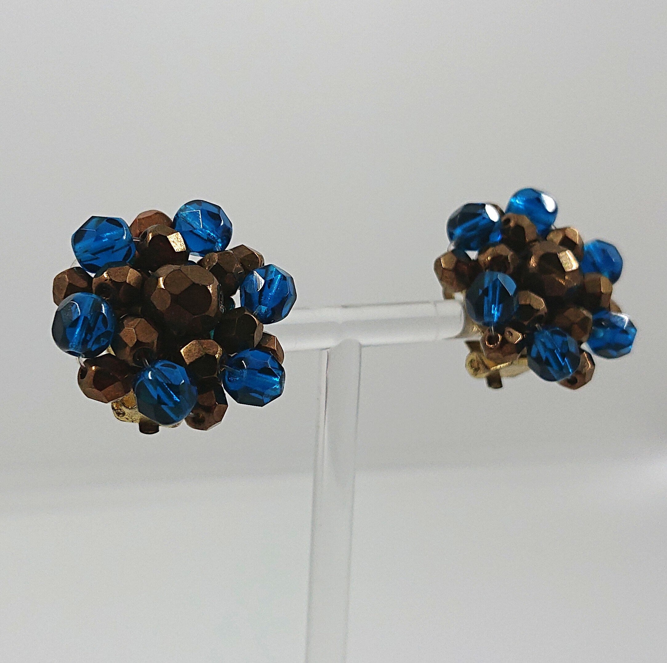 Vintage Cluster Clip On Earrings Glass Rhinestone Costume Jewellery Jewelry Blue and Brown