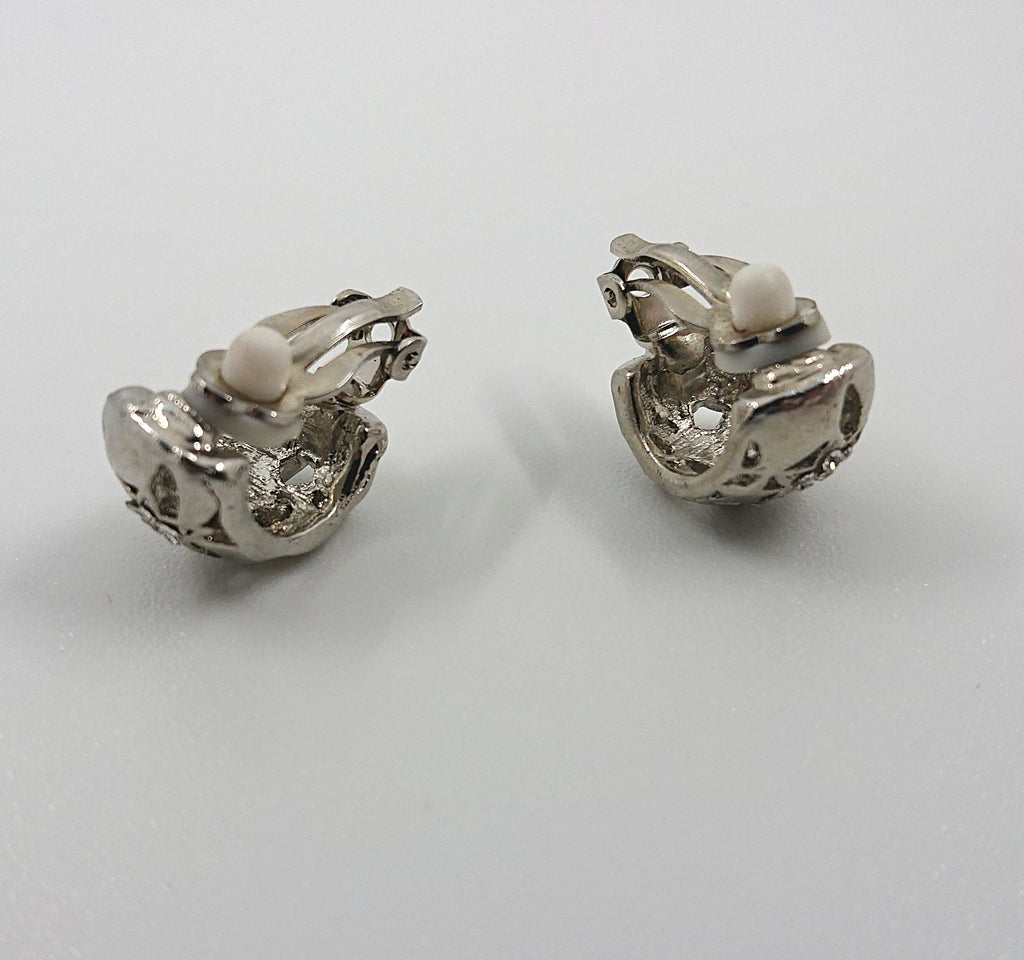 Vintage Silver Clip On Earrings Diamond Rhinestone Costume Jewellery Jewelry Diamante