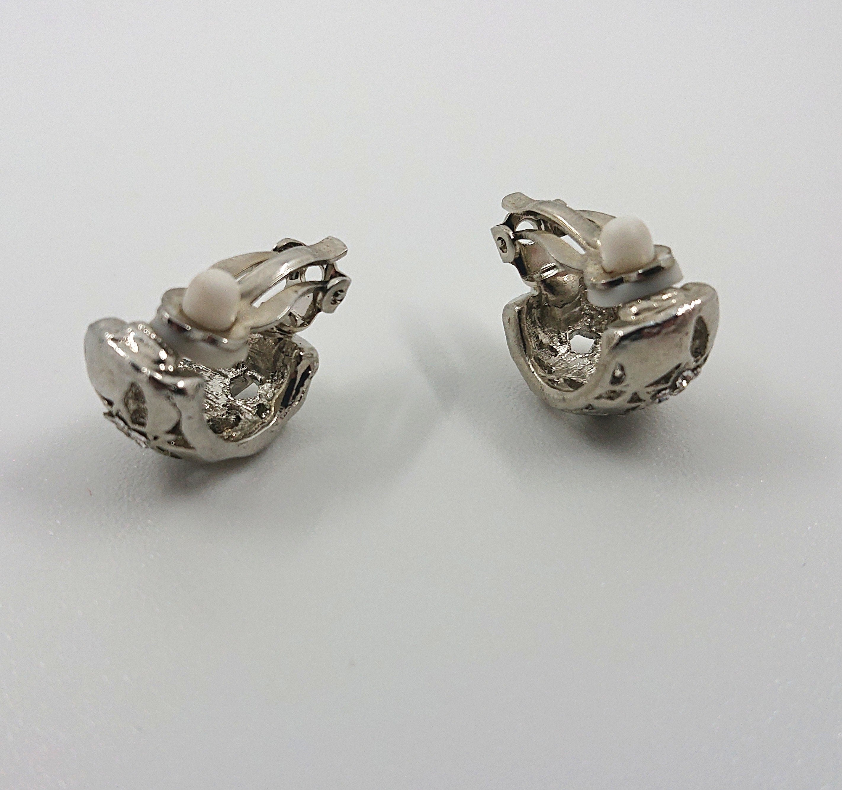 Vintage Silver Clip On Earrings Diamond Rhinestone Costume Jewellery Jewelry Diamante