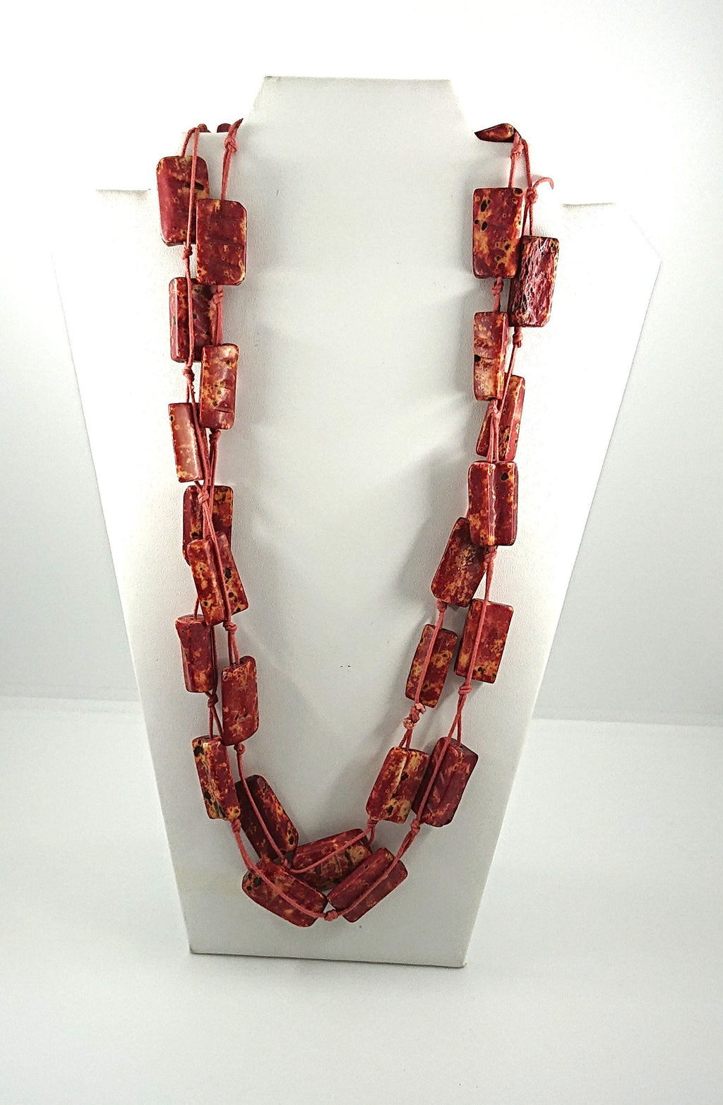 Vintage Necklace Long Chunky Red/Orange Speckled Bone Beaded Costume Jewellery Jewelry