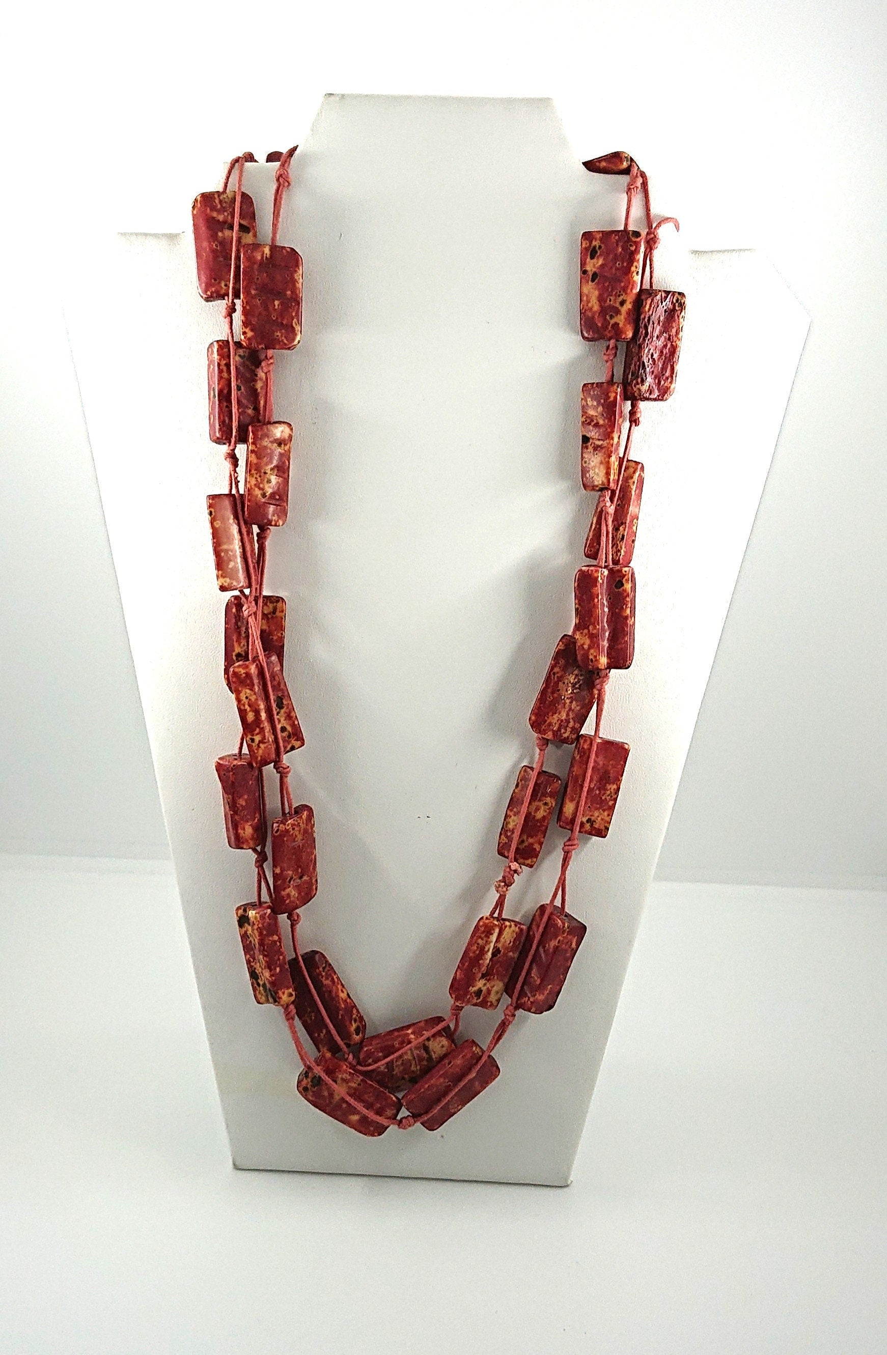 Vintage Necklace Long Chunky Red/Orange Speckled Bone Beaded Costume Jewellery Jewelry