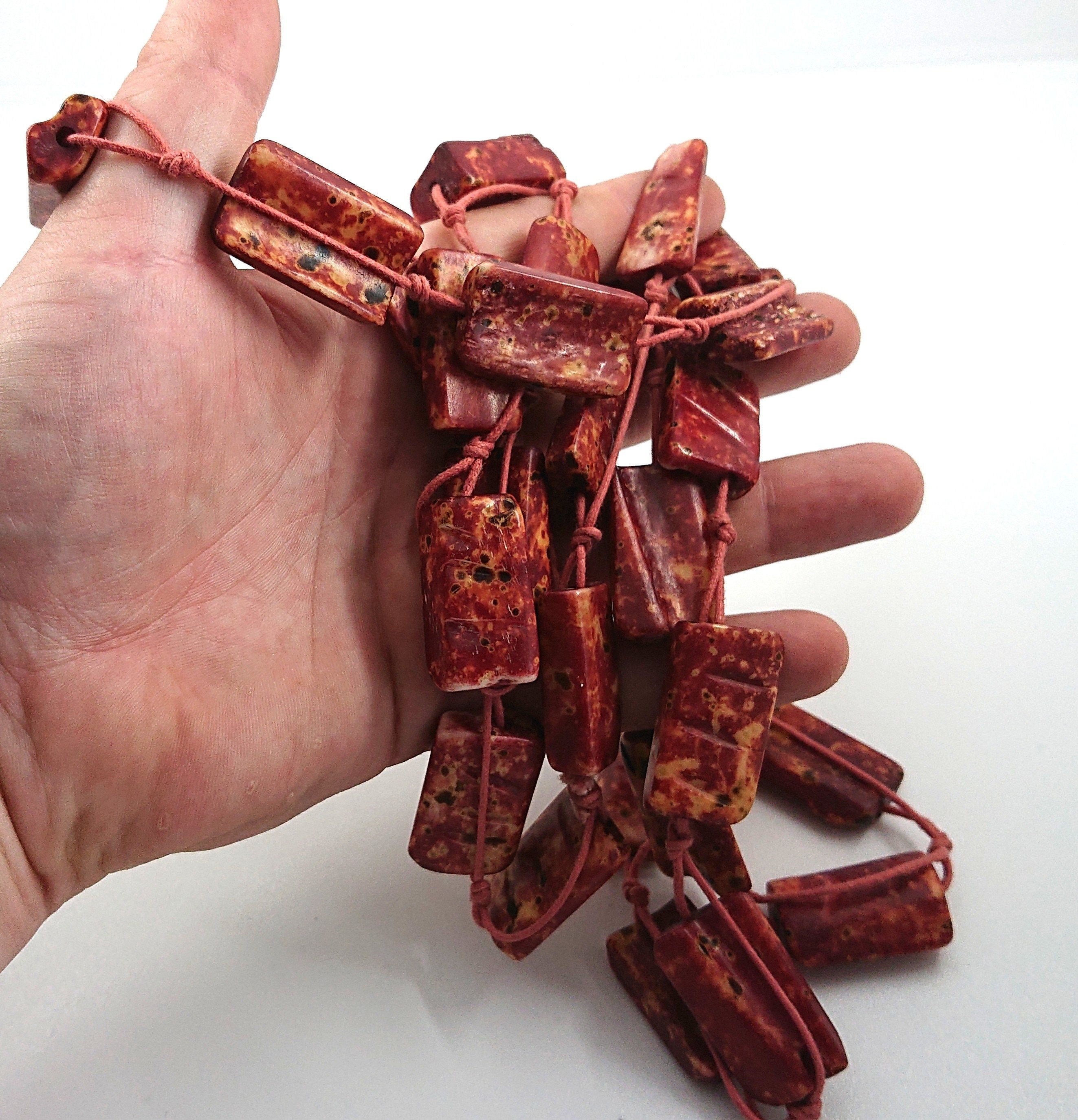 Vintage Necklace Long Chunky Red/Orange Speckled Bone Beaded Costume Jewellery Jewelry