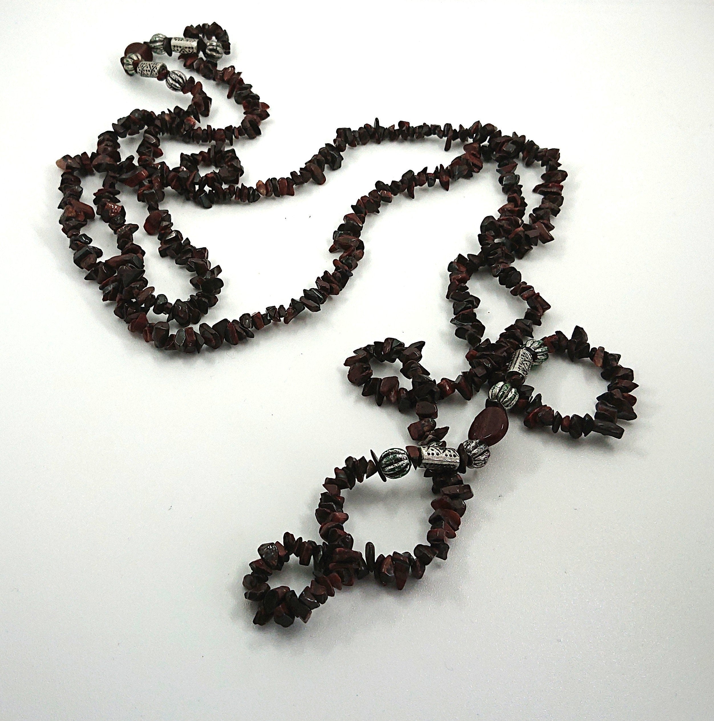 Vintage Long Necklace Brown Shell Beaded Double Loop Necklace Costume Jewellery Jewelry Boho