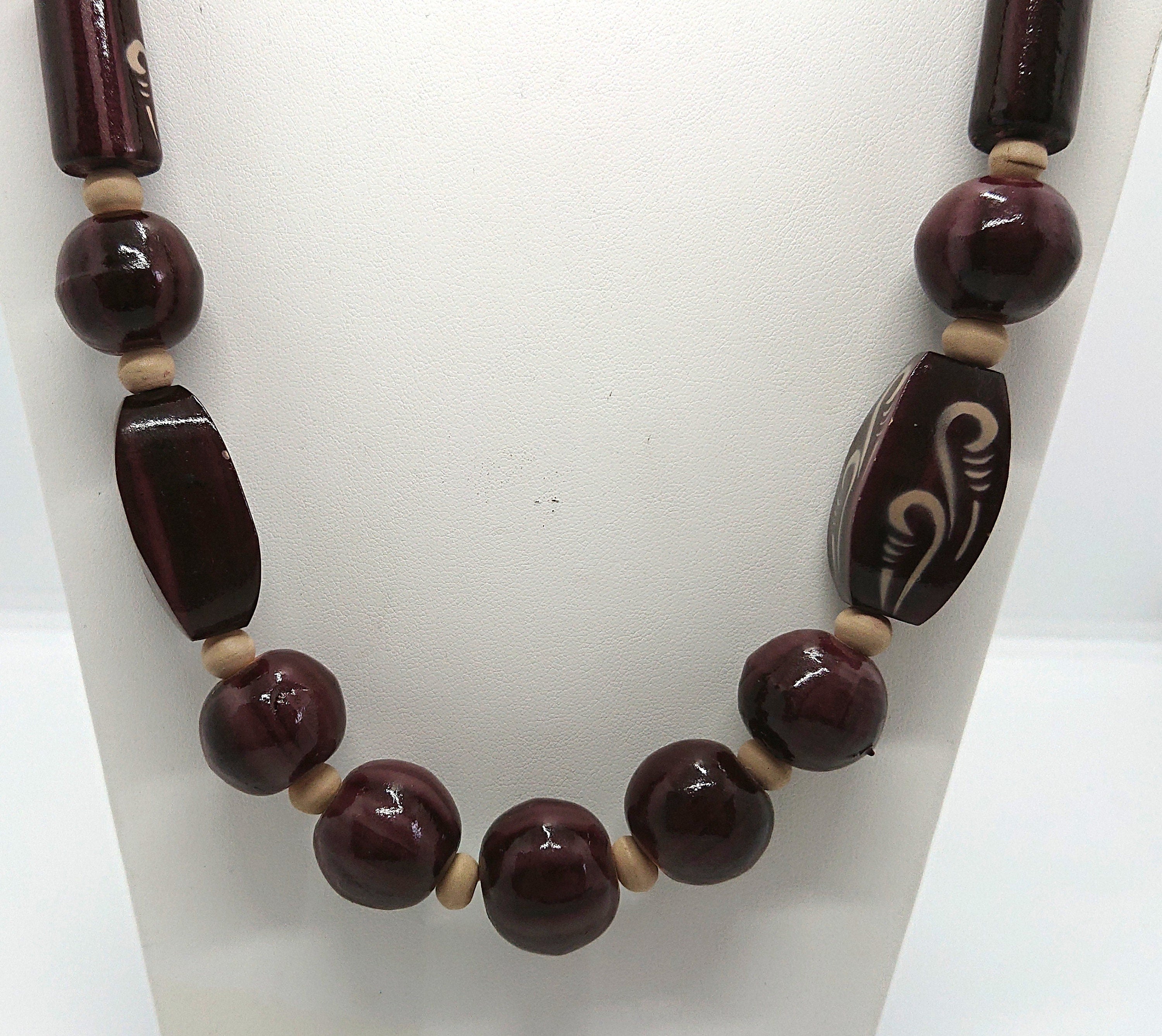 Vintage Necklace Wooden Chunky Beaded Brown Necklace Costume Jewellery Jewelry Hand Painted Boho Hippie