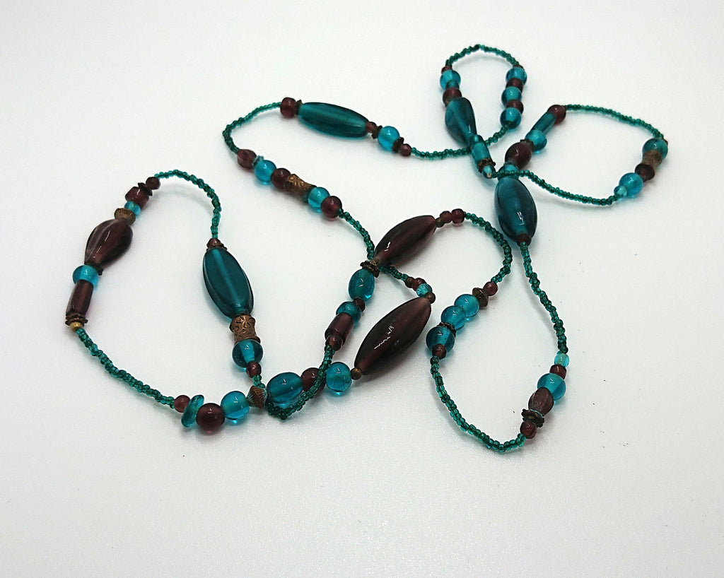 Vintage Blue Glass Beaded Necklace, Long Costume Jewelry