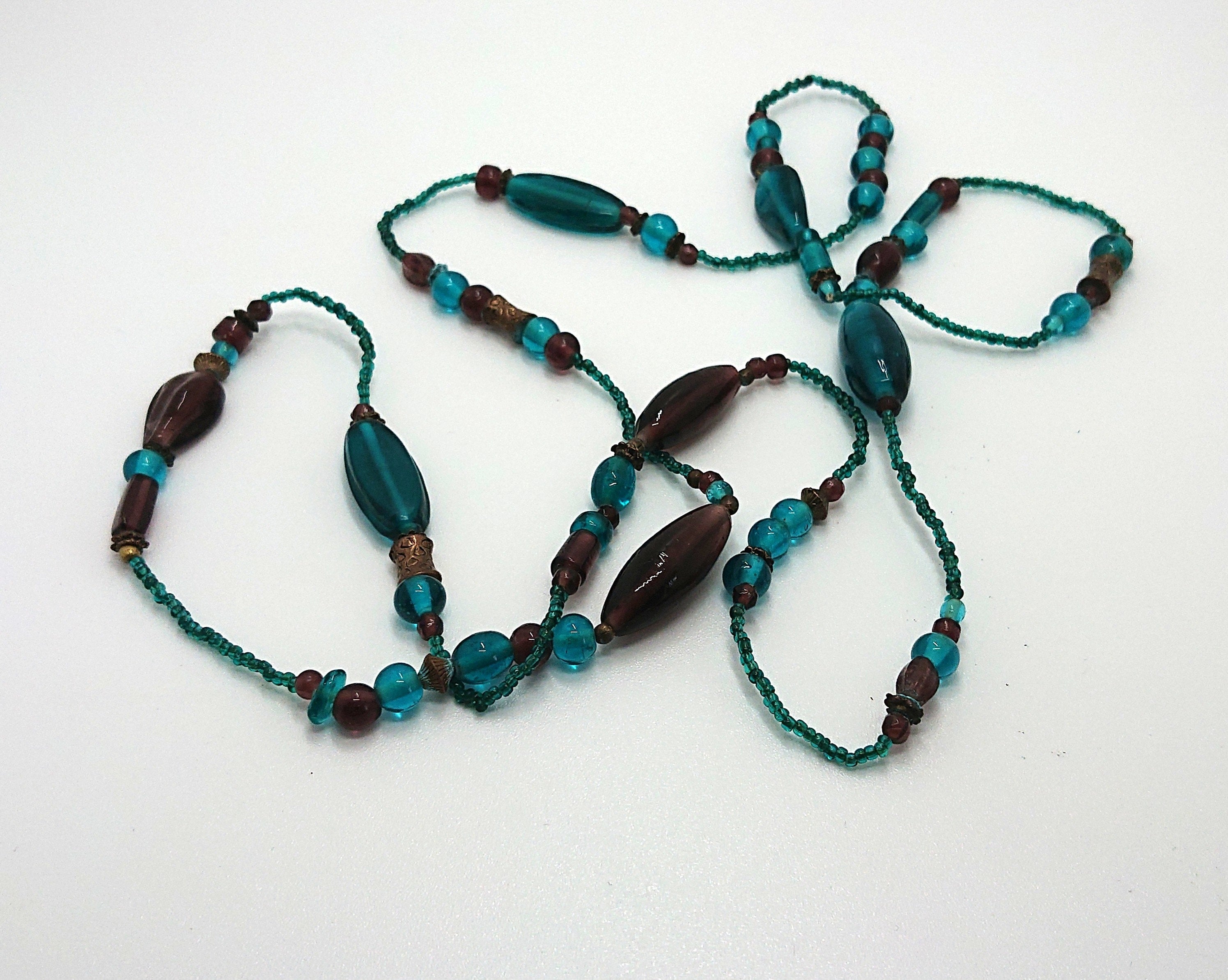 Vintage Blue Glass Beaded Necklace, Long Costume Jewelry