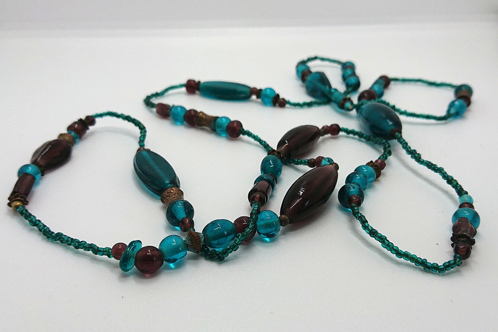 Vintage Blue Glass Beaded Necklace, Long Costume Jewelry