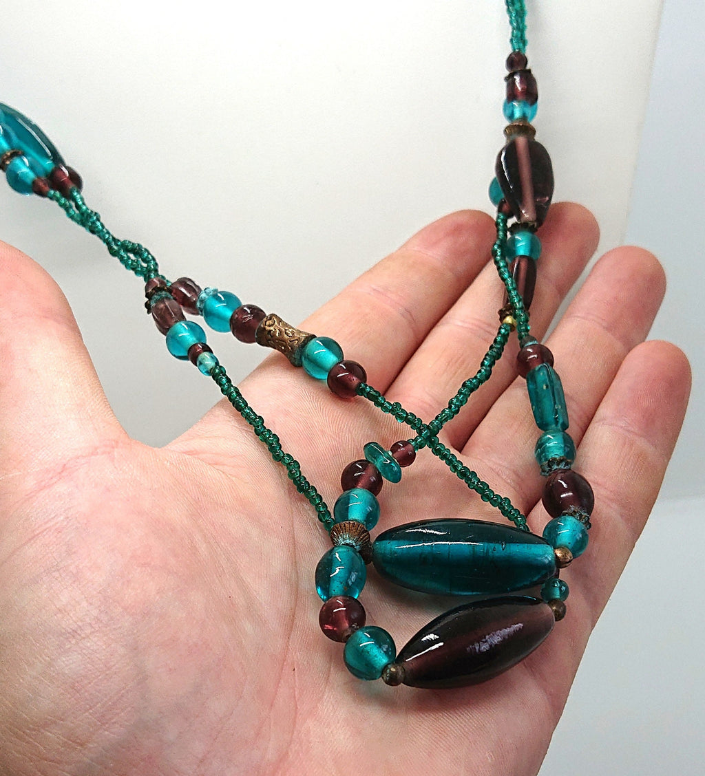 Vintage Blue Glass Beaded Necklace, Long Costume Jewelry