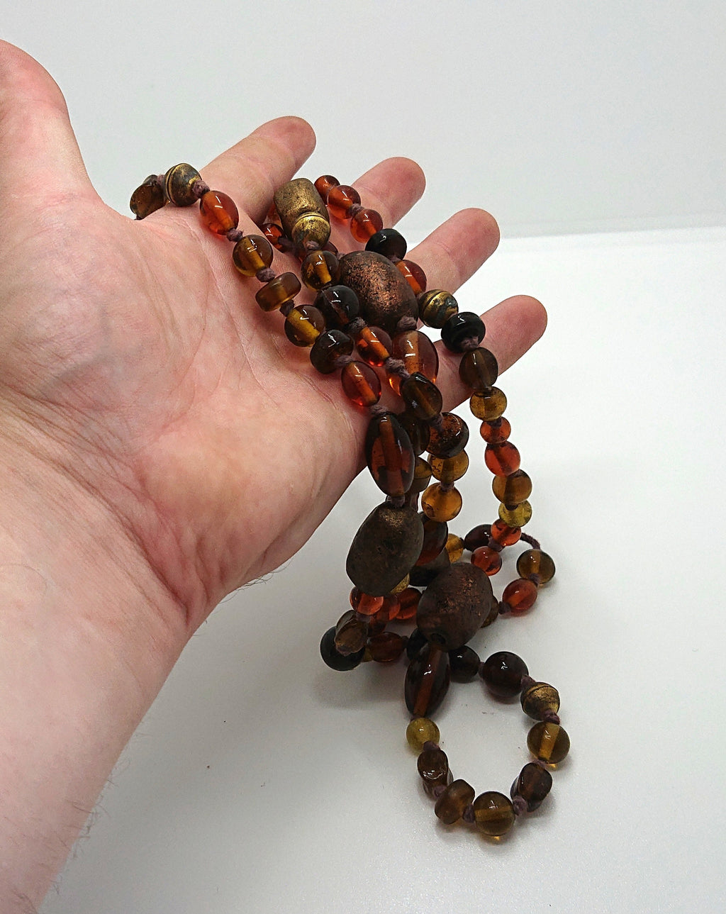 Vintage Necklace Glass, Wood Amber Beaded Brown, Gold Necklace Long Chunky Costume Jewellery Jewelry
