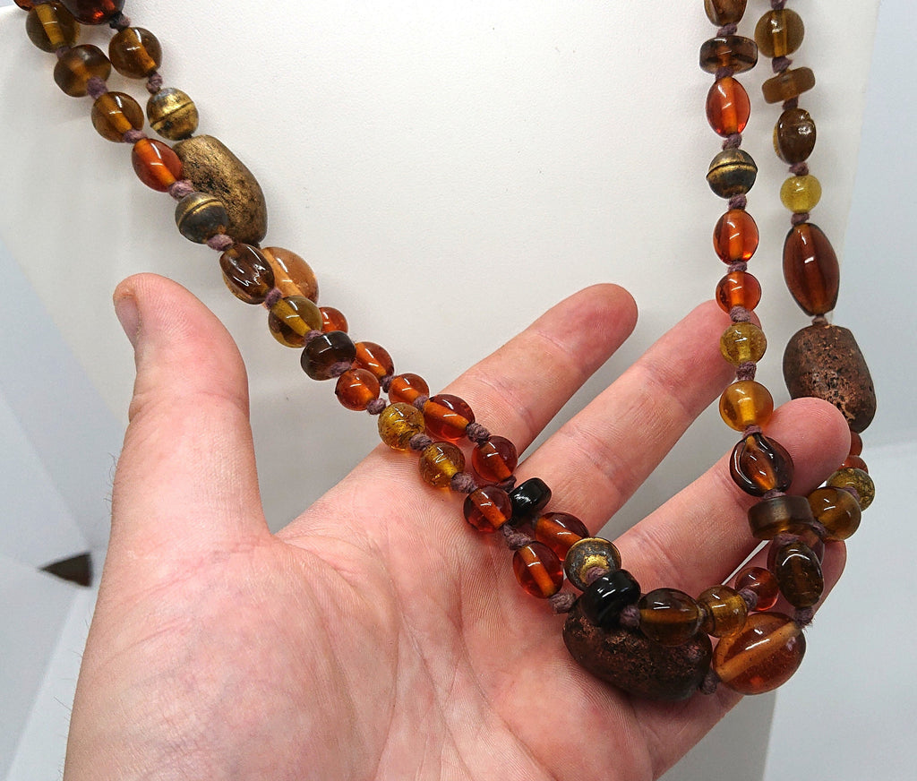 Vintage Necklace Glass, Wood Amber Beaded Brown, Gold Necklace Long Chunky Costume Jewellery Jewelry