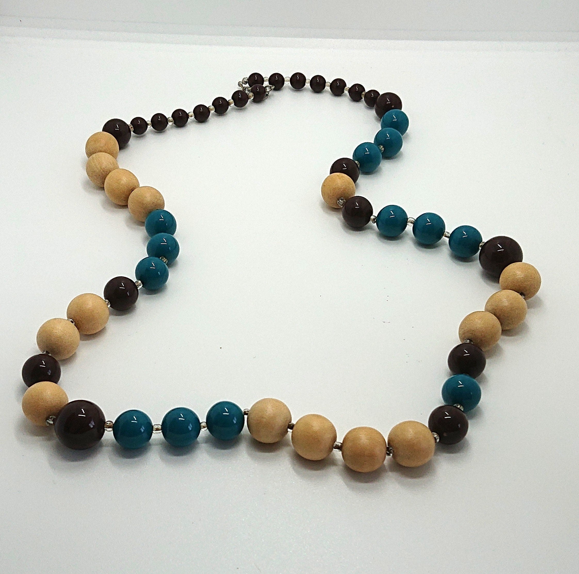 Vintage Wooden Beaded Necklace Cream, Blue and Brown Chunky Long Beaded Costume Jewellery Jewelry