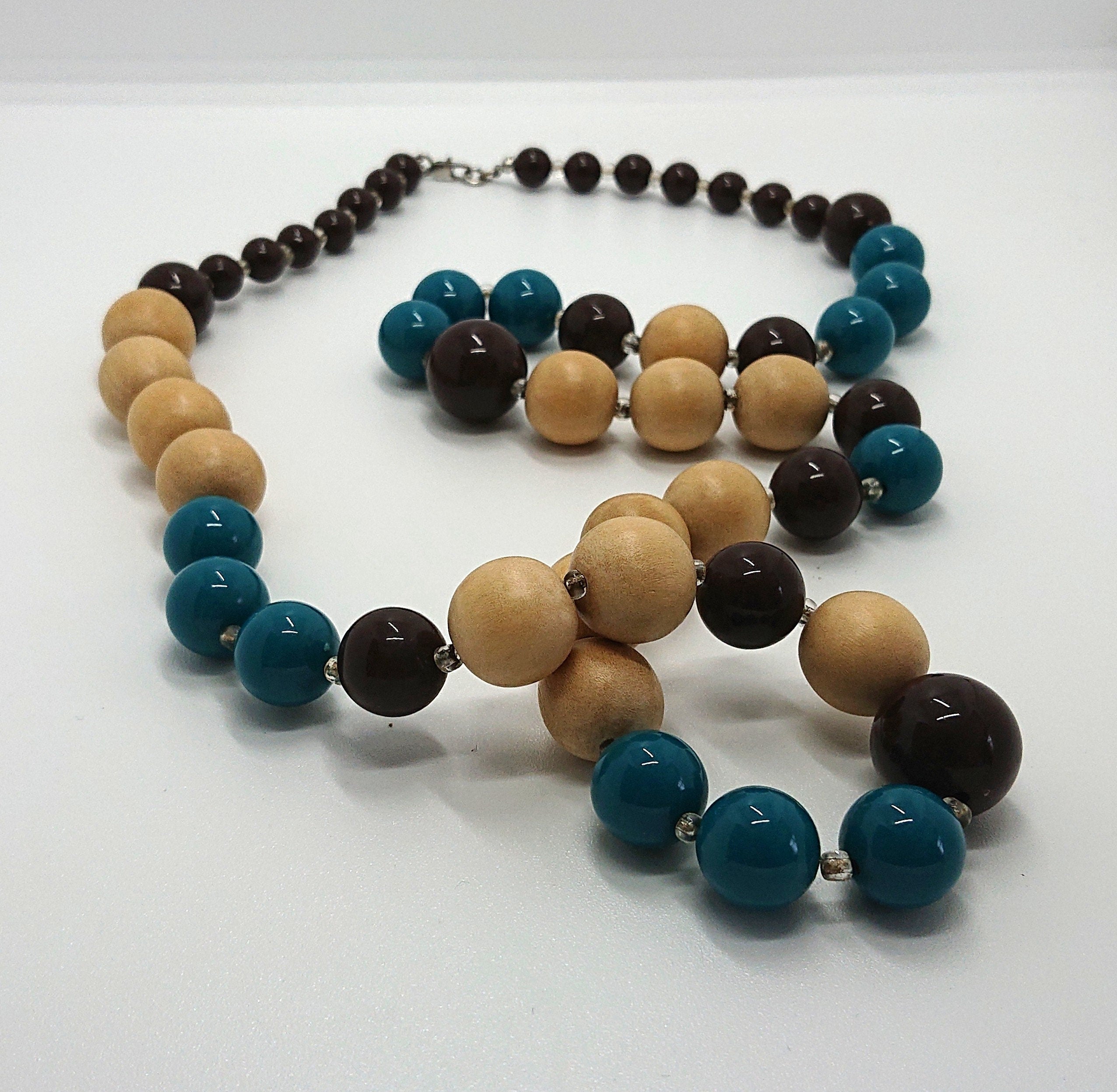 Vintage Wooden Beaded Necklace Cream, Blue and Brown Chunky Long Beaded Costume Jewellery Jewelry