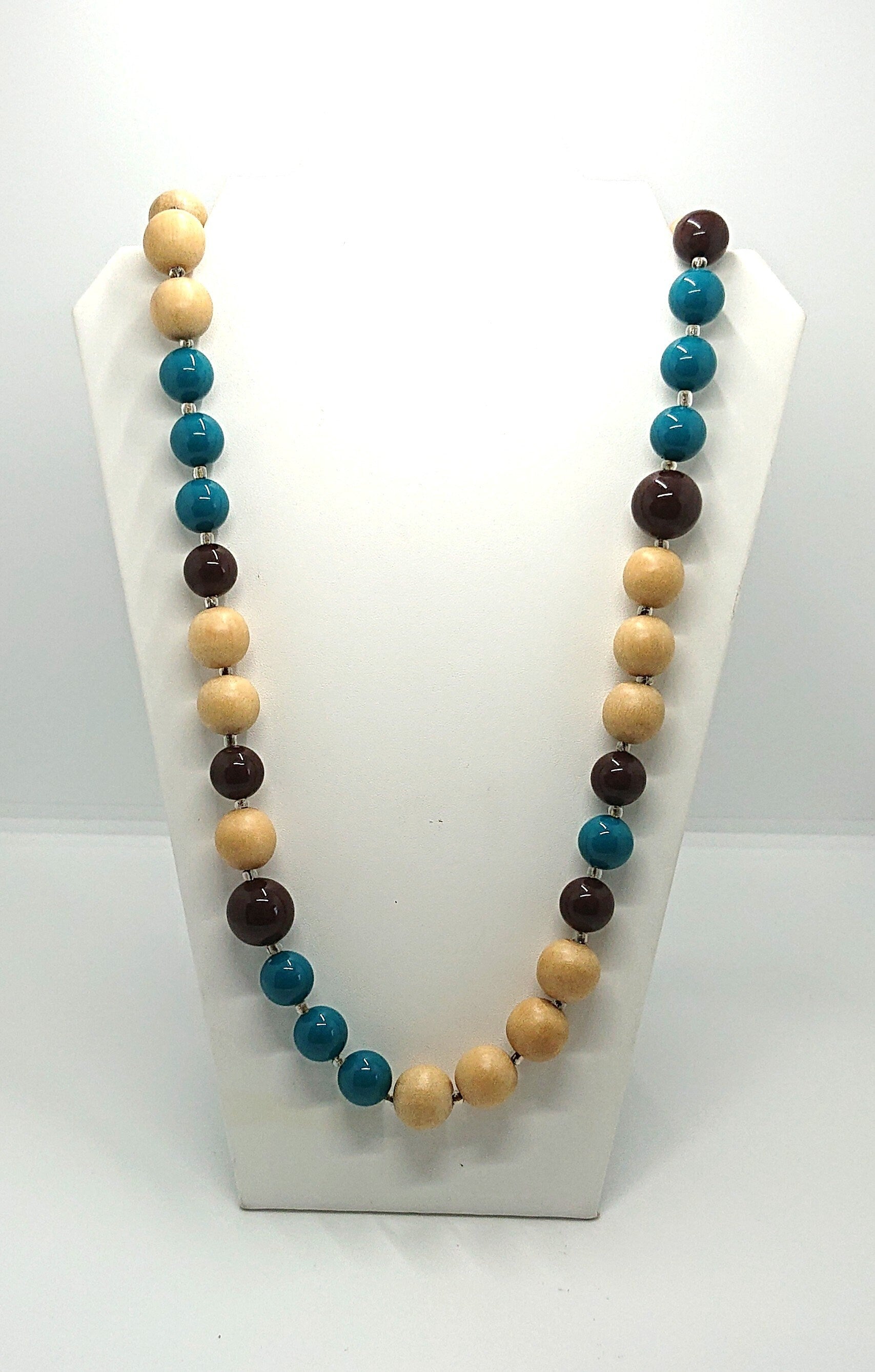 Vintage Wooden Beaded Necklace Cream, Blue and Brown Chunky Long Beaded Costume Jewellery Jewelry
