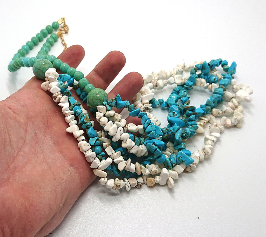 Vintage Turquoise Pebble Beaded Necklace, Multistrand Costume Jewellery
