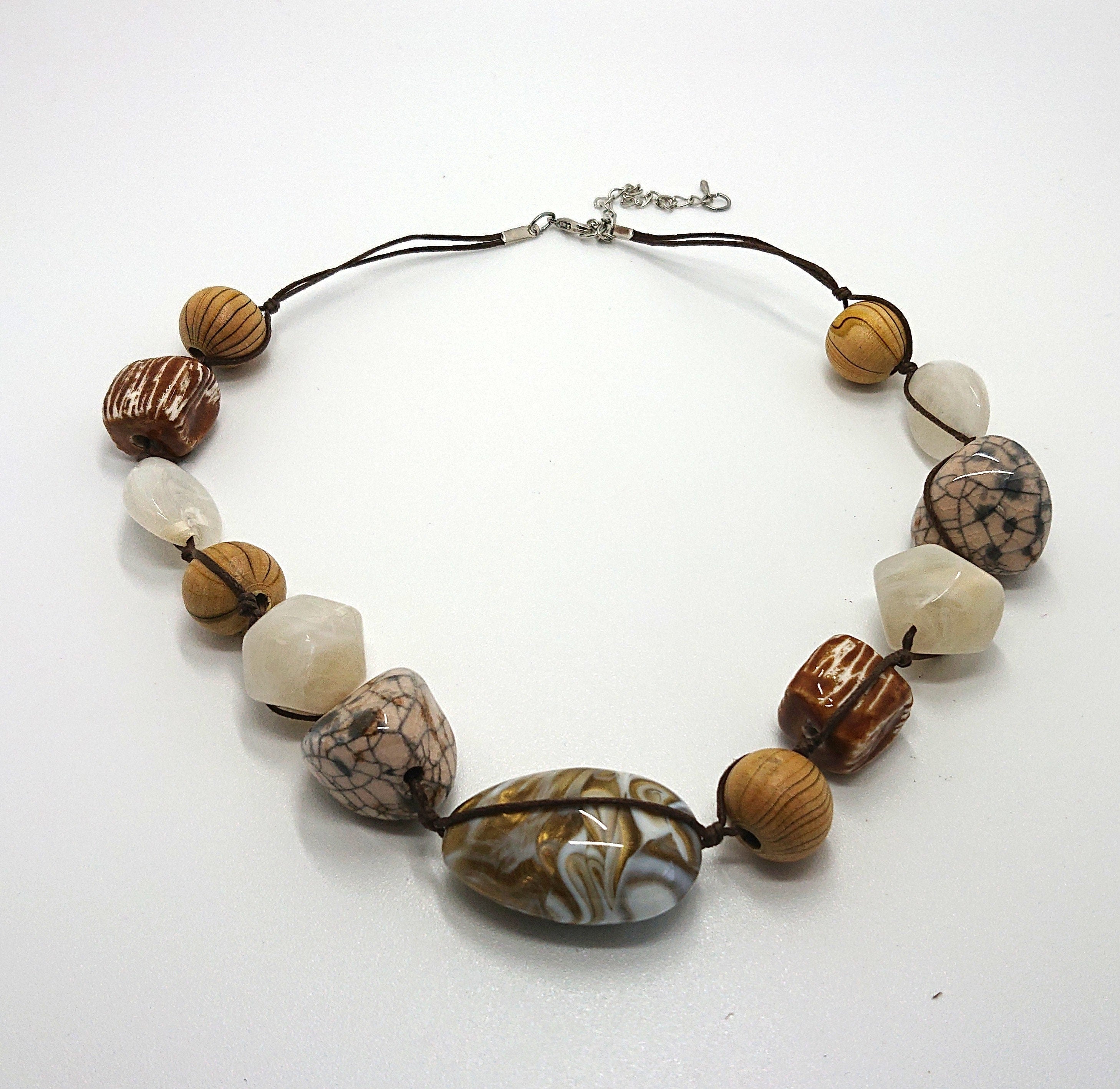 Vintage Lucite Beaded Necklace Gold, White Brown Chunky Beaded Costume Jewellery Jewelry