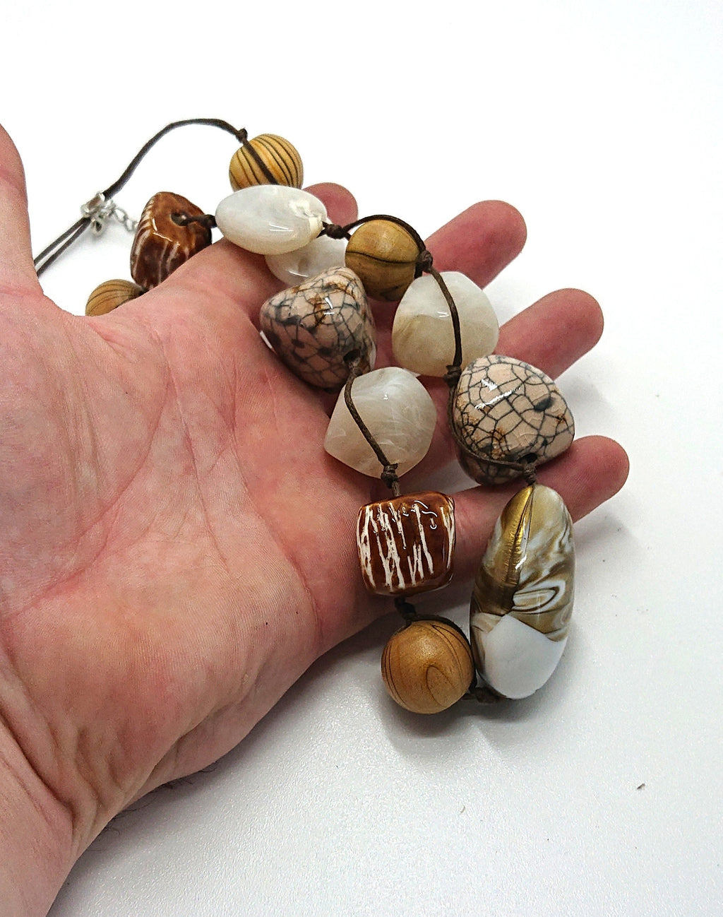 Vintage Lucite Beaded Necklace Gold, White Brown Chunky Beaded Costume Jewellery Jewelry