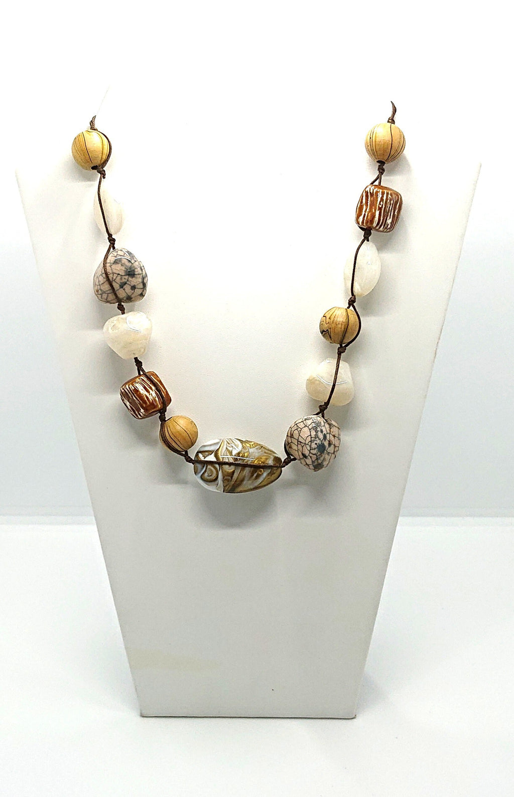 Vintage Lucite Beaded Necklace Gold, White Brown Chunky Beaded Costume Jewellery Jewelry