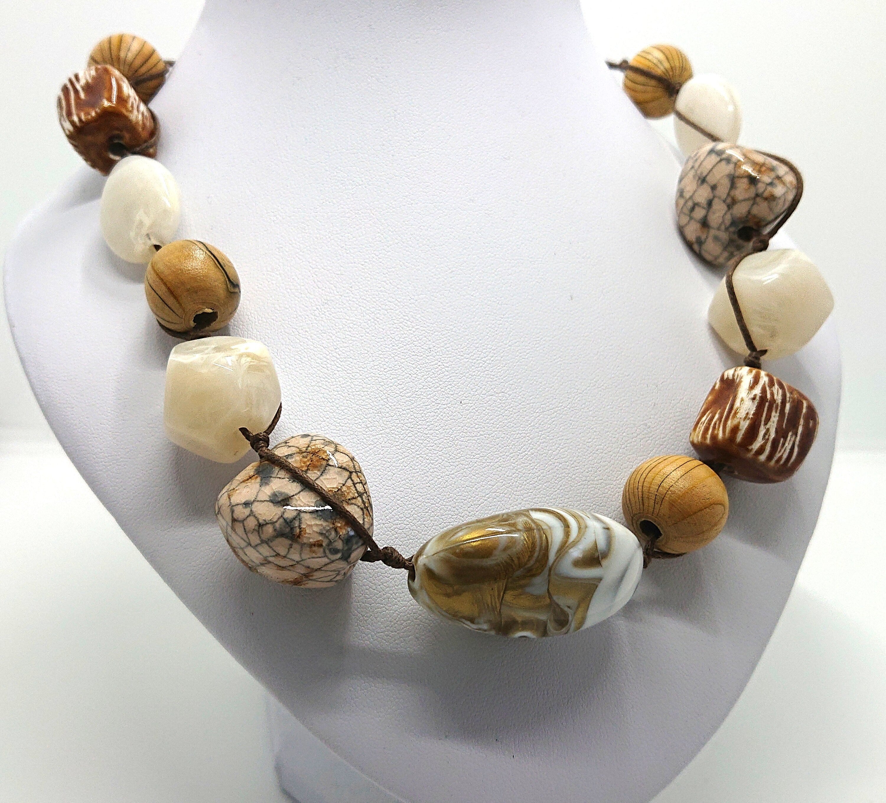 Vintage Lucite Beaded Necklace Gold, White Brown Chunky Beaded Costume Jewellery Jewelry