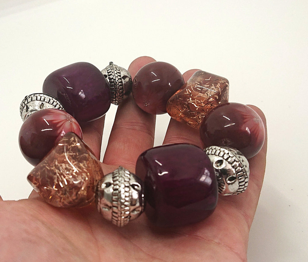 Vintage Lucite Bangle/Bracelet Chunk Beaded Bangle Purple, Red Peach Glitter Costume Jewellery Jewelry